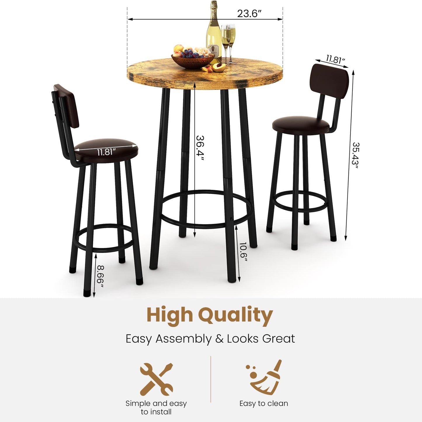 AWQM  Industrial Wooden Pub Dining Set of 3, Modern Pub Table for Two