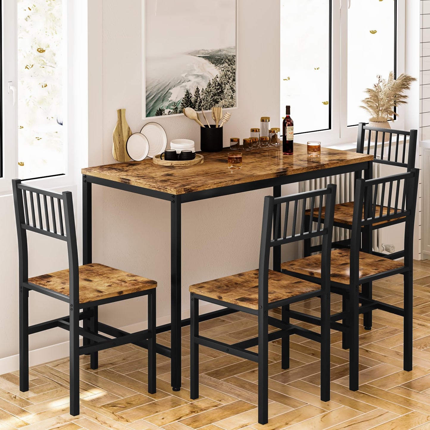 AWQM Industrial Wooden Metal Frame Dining Table and Chairs for 4 Persons