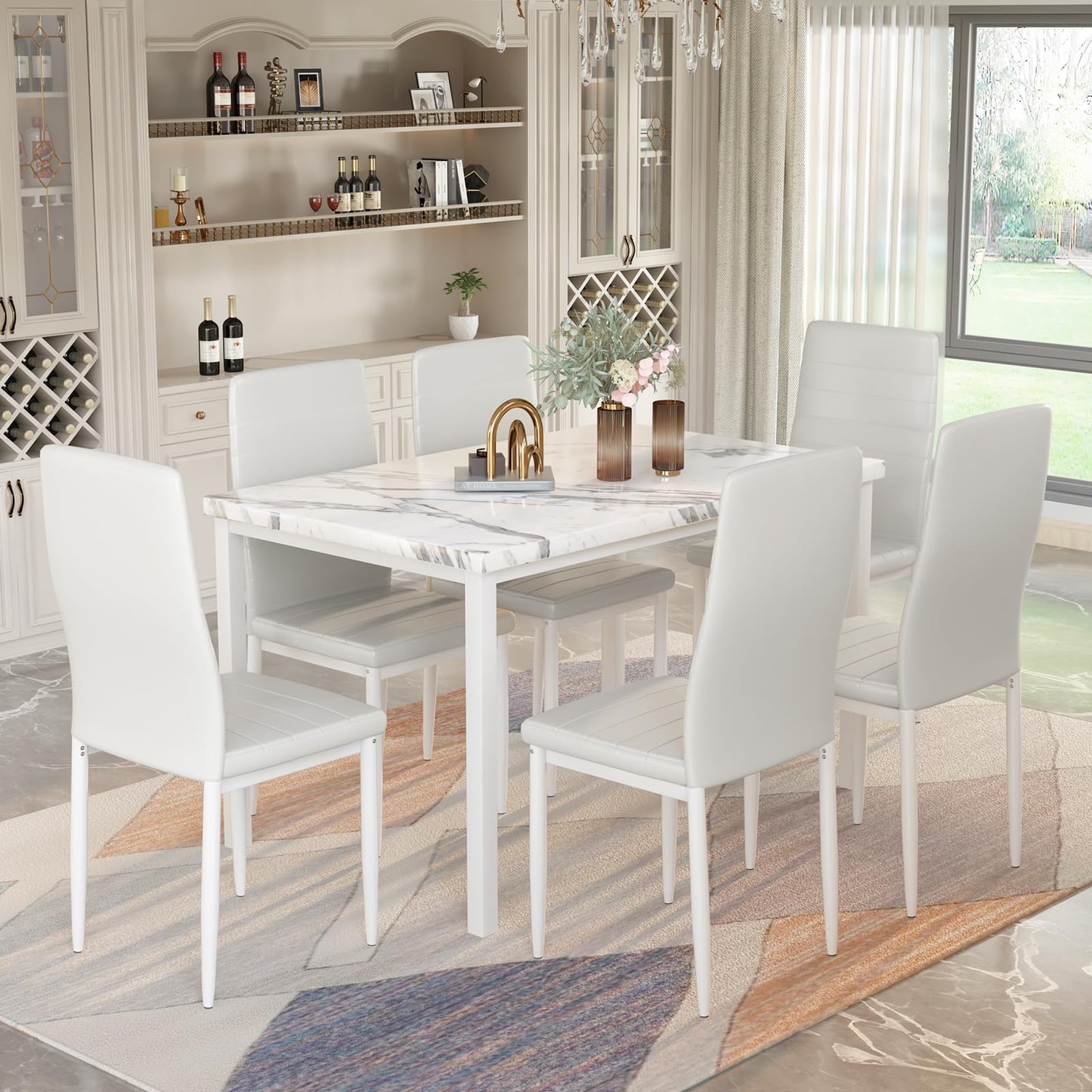 AWQM Modern Marble Dining Table Set for 6 7 Piece Kitchen Table and Chairs