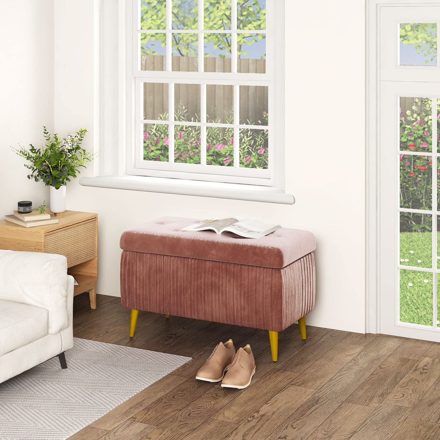 AWQM Tufted Storage Ottoman, Velvet Upholstered Storage Ottoman