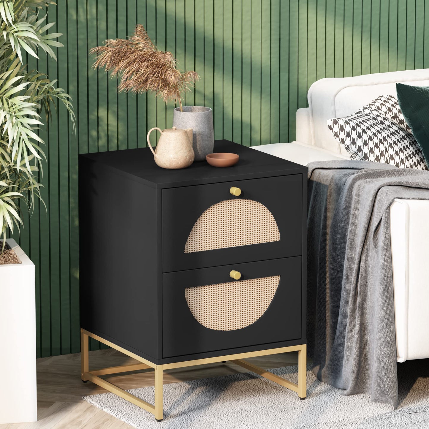 AWQM Rattan bedside table (set of 2), wooden coffee table