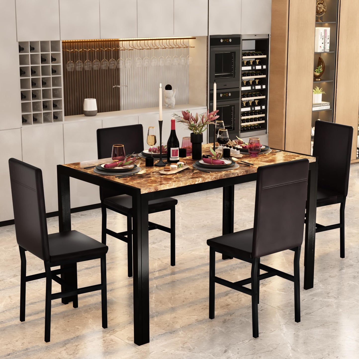 AWQM Modern Kitchen Marble Dining Table and Chairs Set, 4 Person Dining Table Set