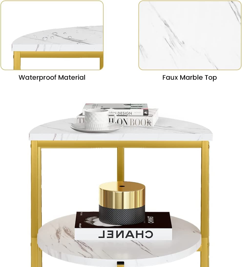 AWQM White and gold side table, 3-tier faux marble side table, small round coffee table with metal frame