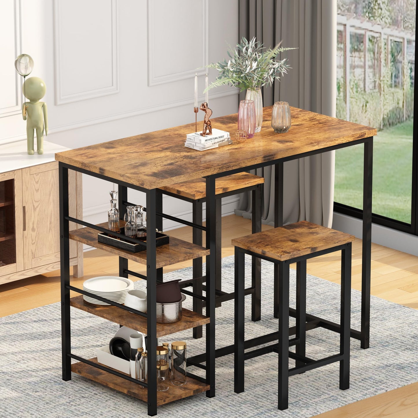 AWQM Industrial Wood 2-Person Dining Table Set with High Bar