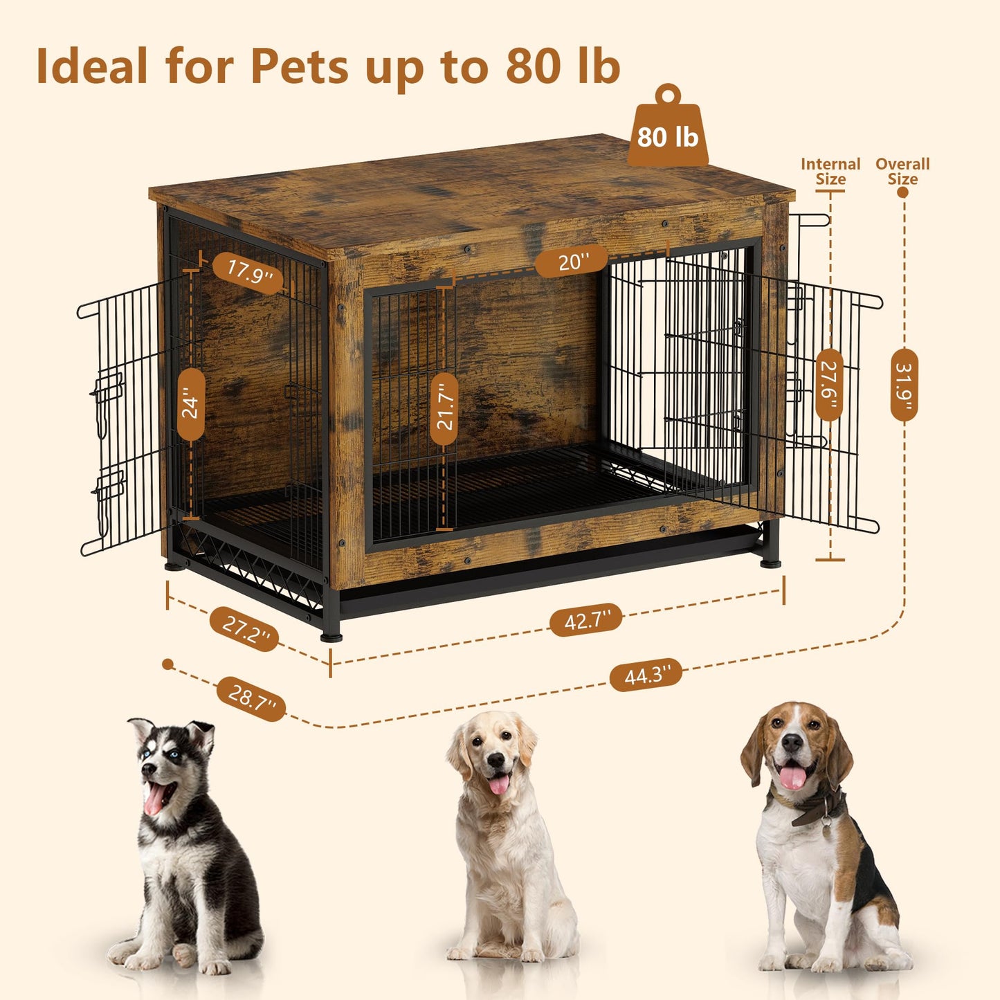 AWQM wooden dog crate furniture with pull out tray, three door dog kennel