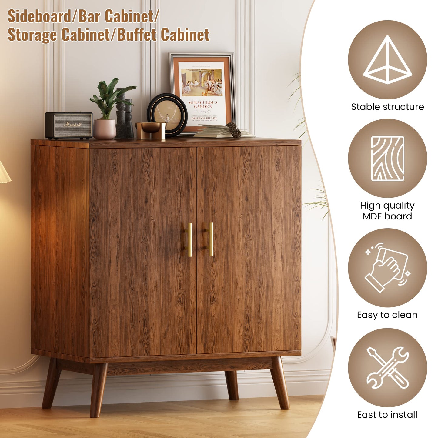 AWQM Wine Cooler with Wine Rack and Glass Holder, Freestanding Buffet Sideboard