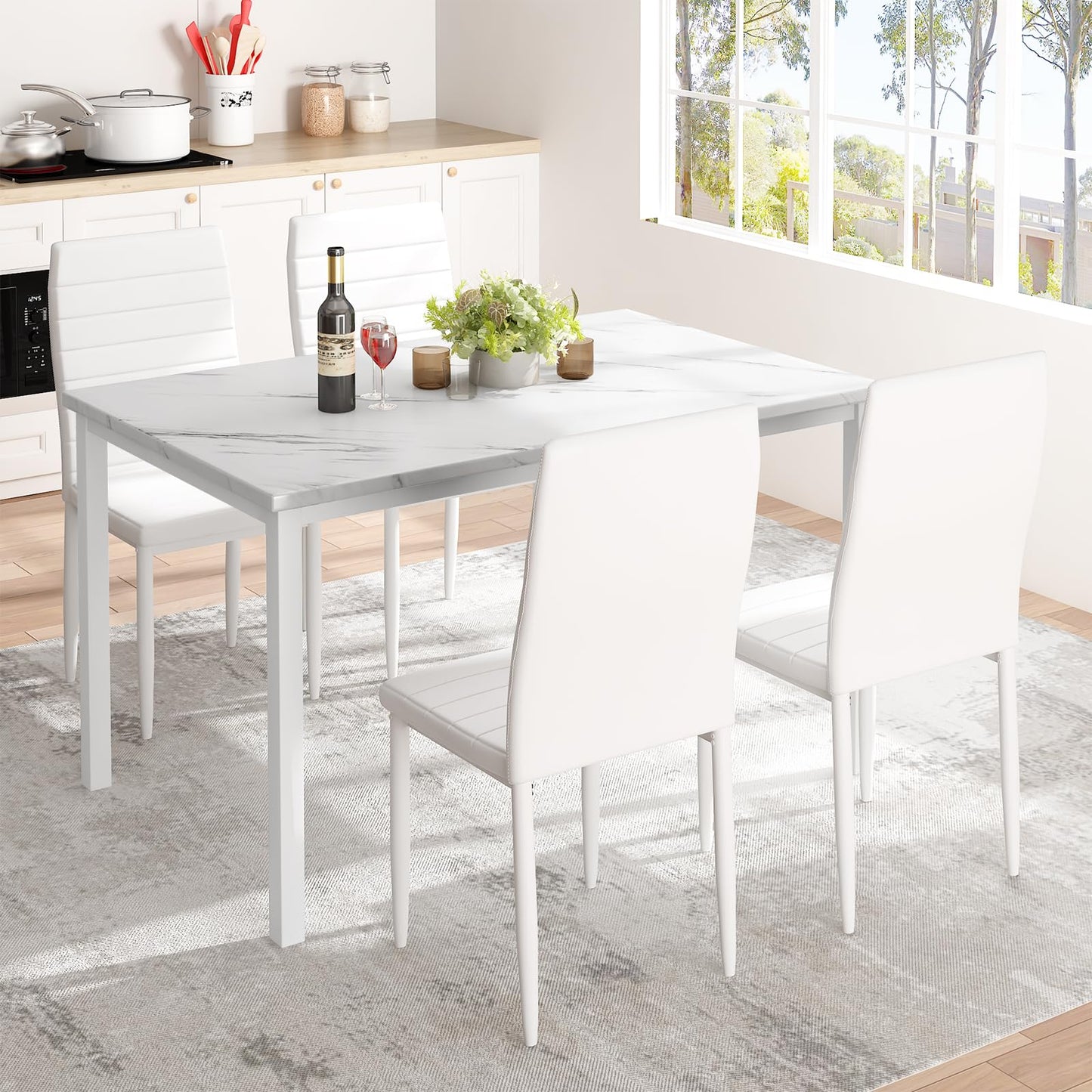 AWQM 5 Piece Set, Faux Marble 4 Person Dining Table and Chairs