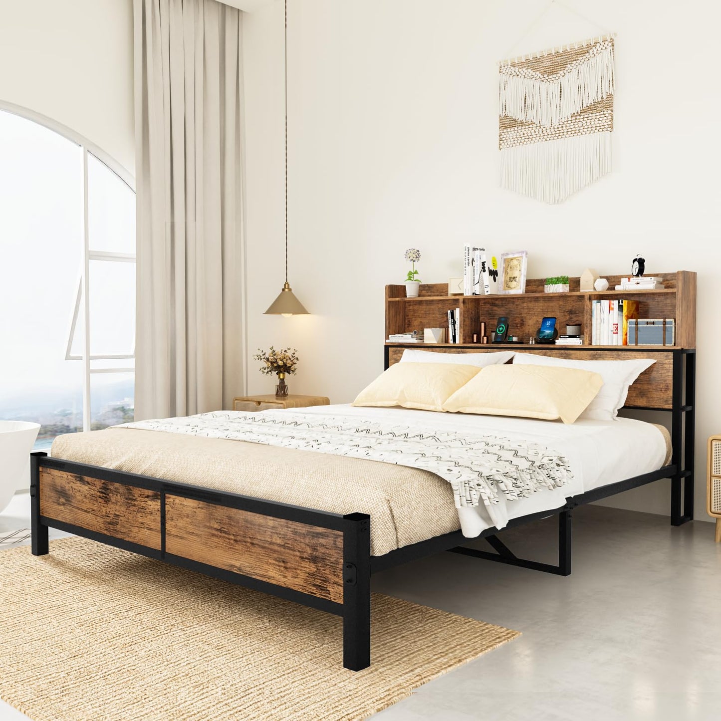 AWQM Industrial Wood Bed Frame, Storage Headboard and Charging Station