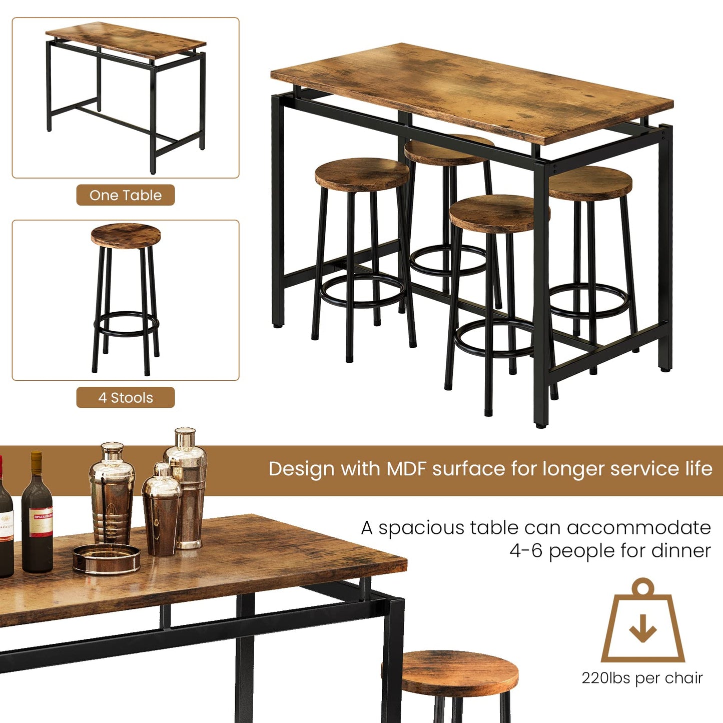 AWQM Modern Kitchen Industrial Dining Table and Chairs 4 People Dining Set