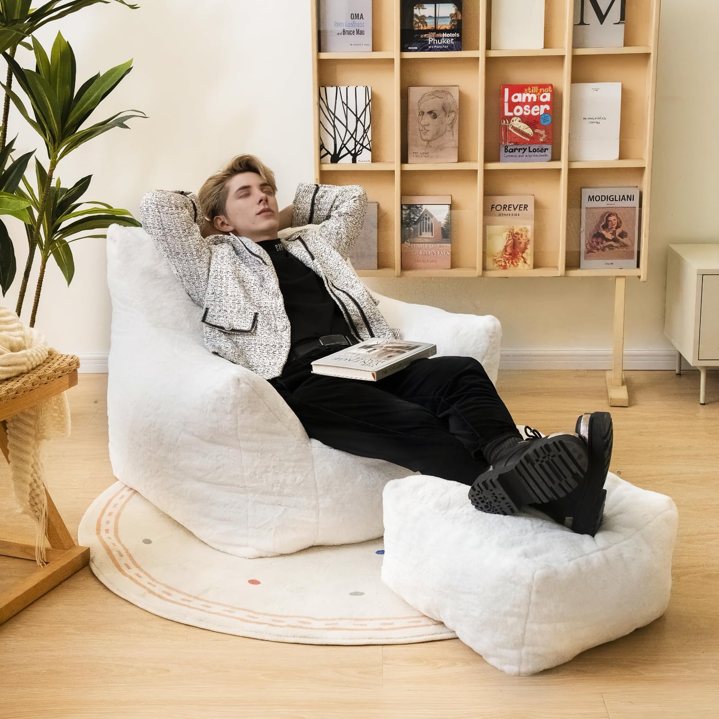AWQM Bean Bag Chair with Footstool, Bean Bag Chair with Padded Arms
