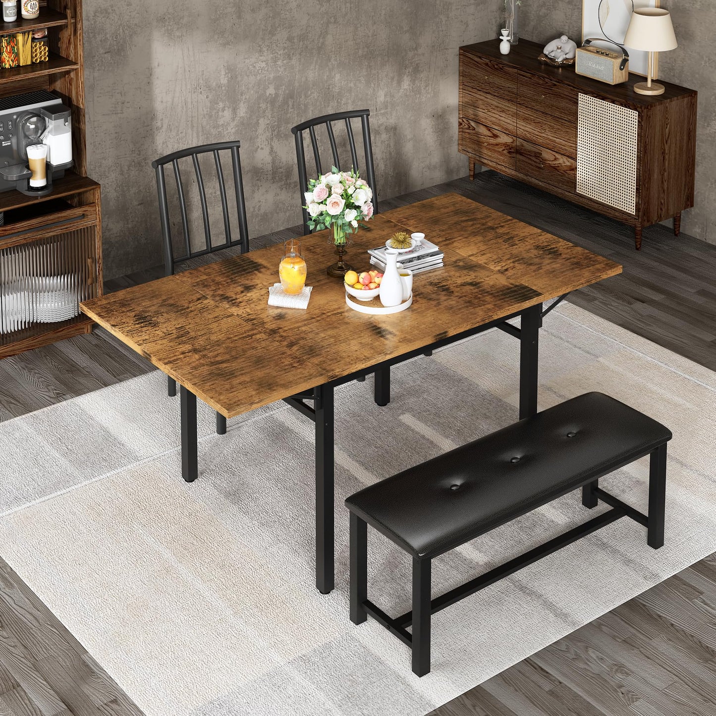 AWQM Industrial Wood 4-Piece Faux Wood Folding Leaf Dining Table Set with Storage Rack