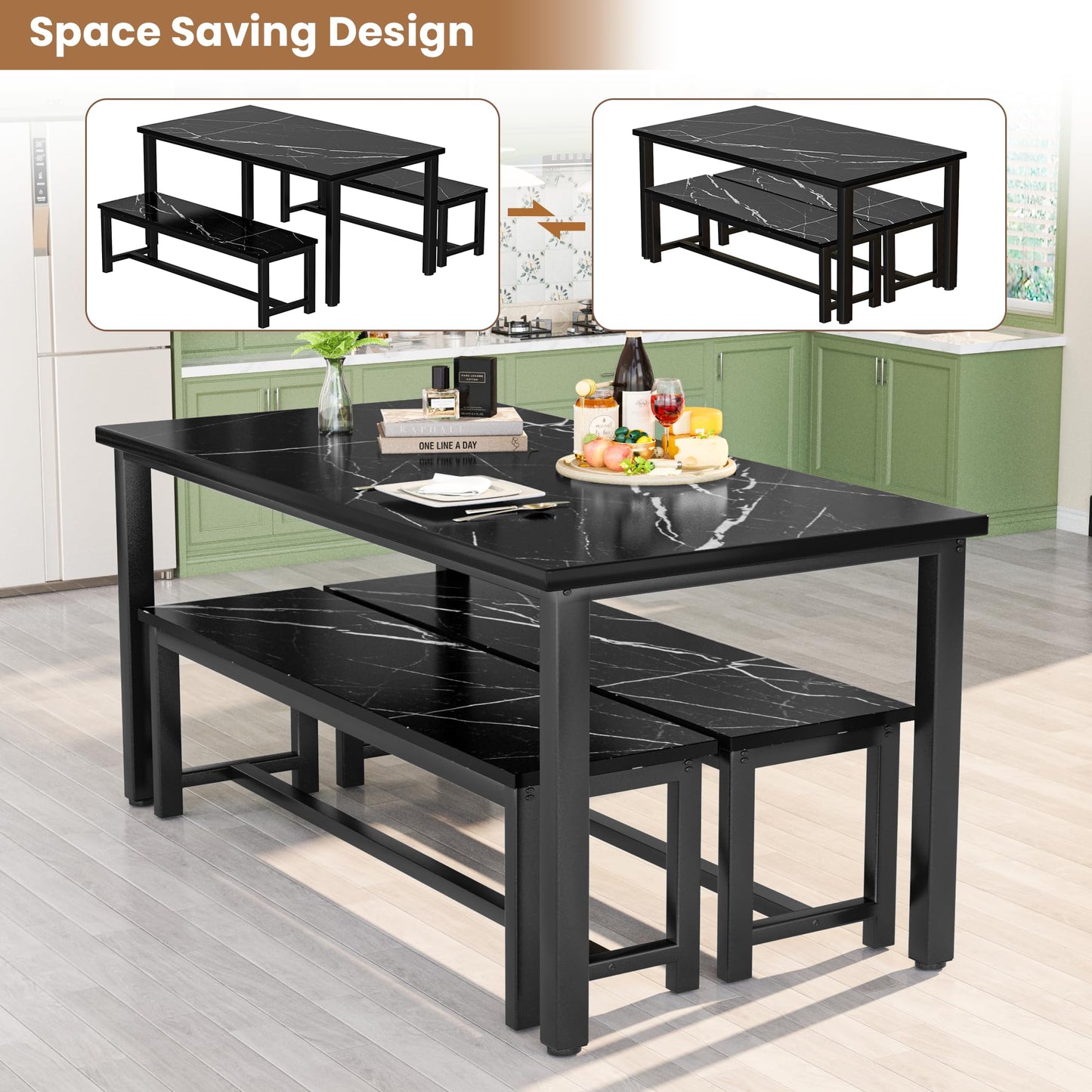 AWQM 47" Dining Table with Bench, Dining Table Set for 4-6 People