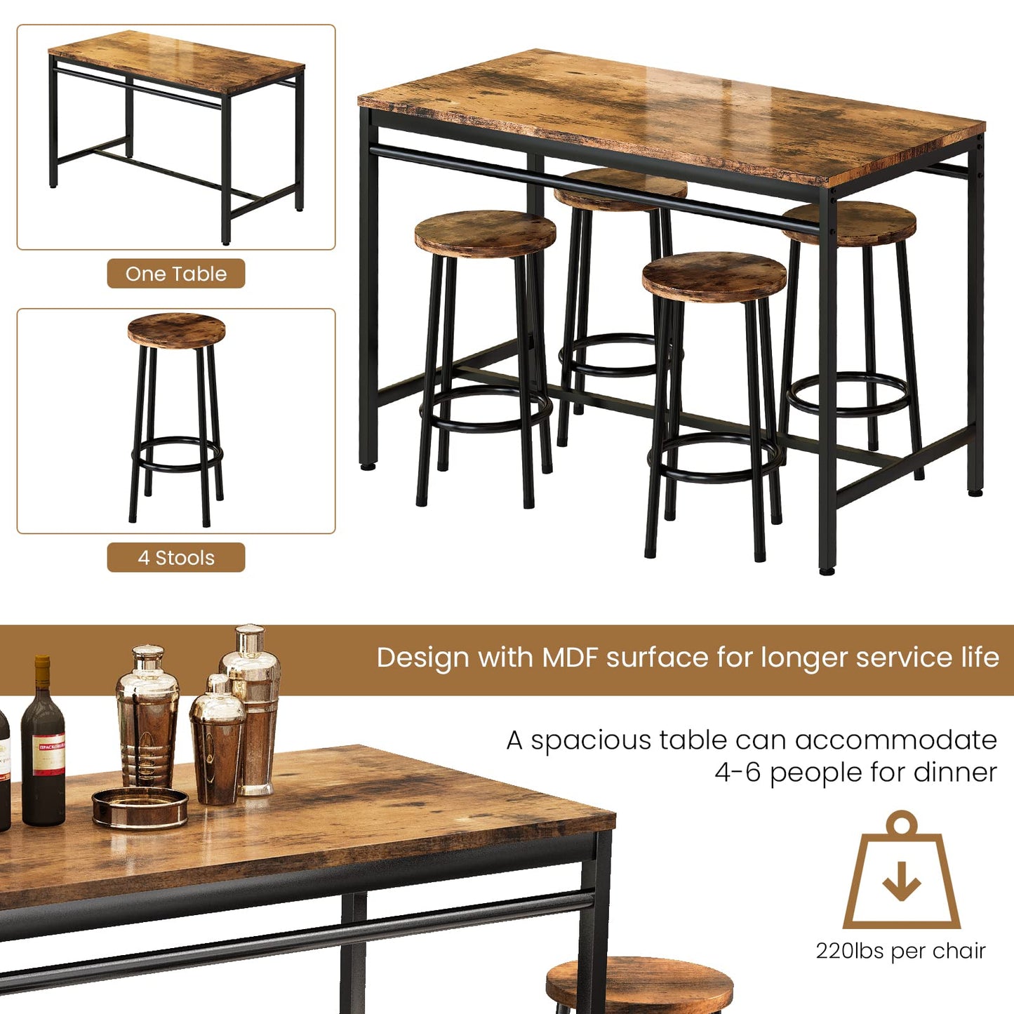 AWQM Small Dining Room Industrial Dining Table Set 4 Dining Chairs