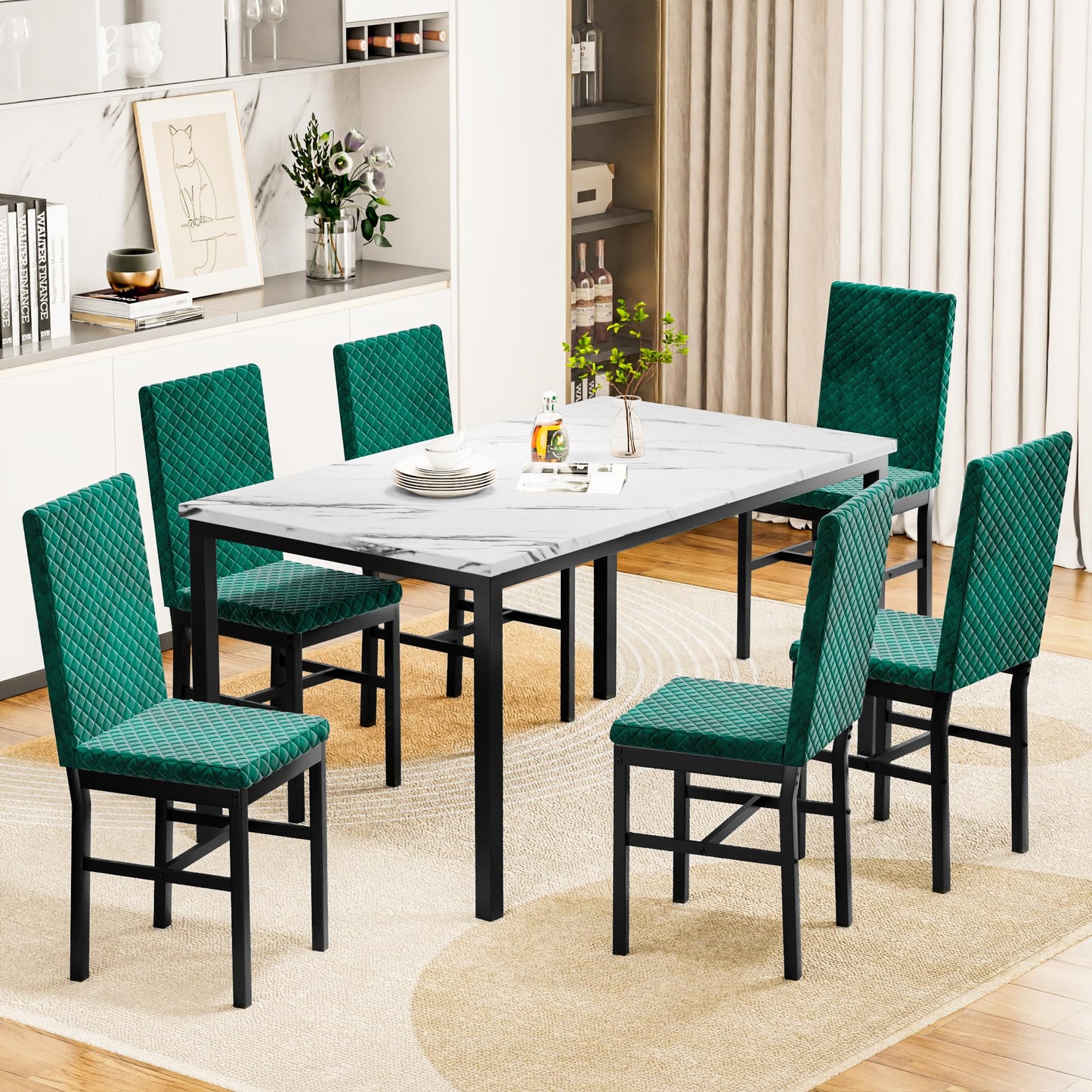 AWQM Modern Marble Kitchen Dining Table and Chairs 6 Person Dining Velvet Stools