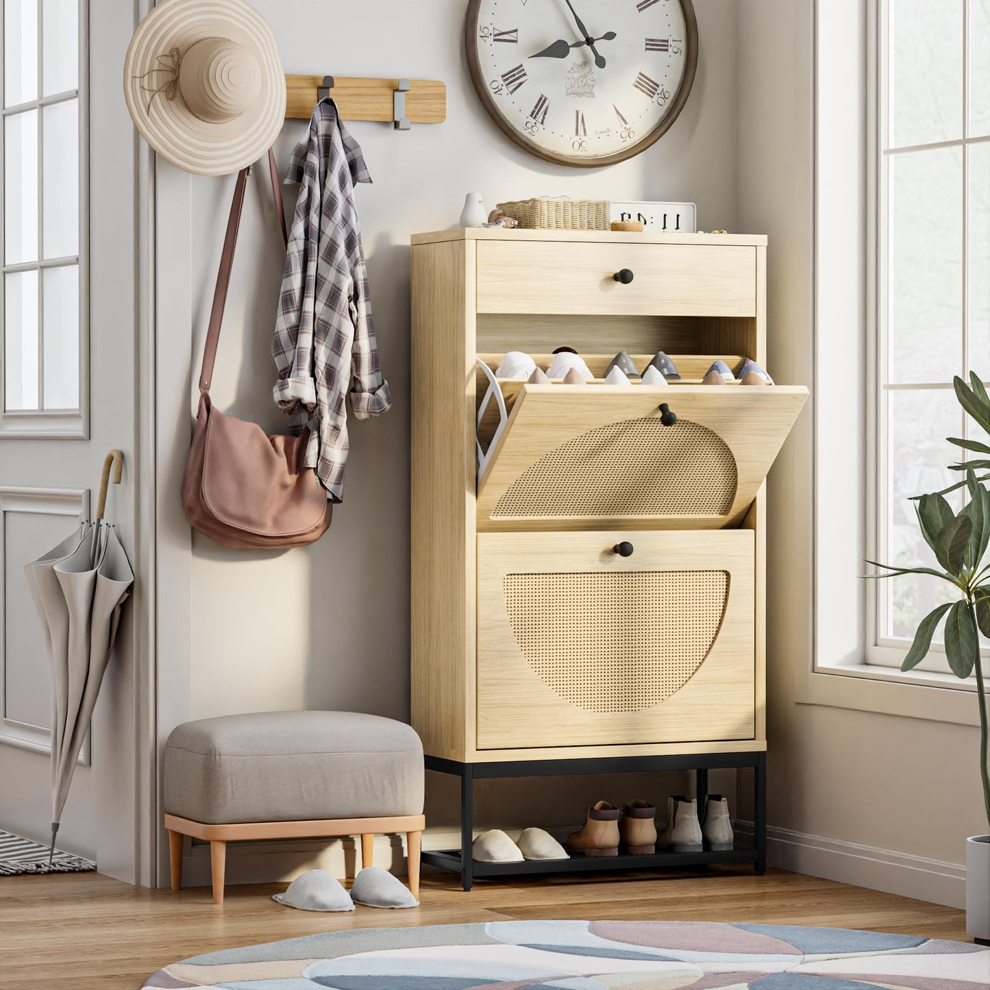 AWQM natural rattan shoe cabinet corridor freestanding shoe rack