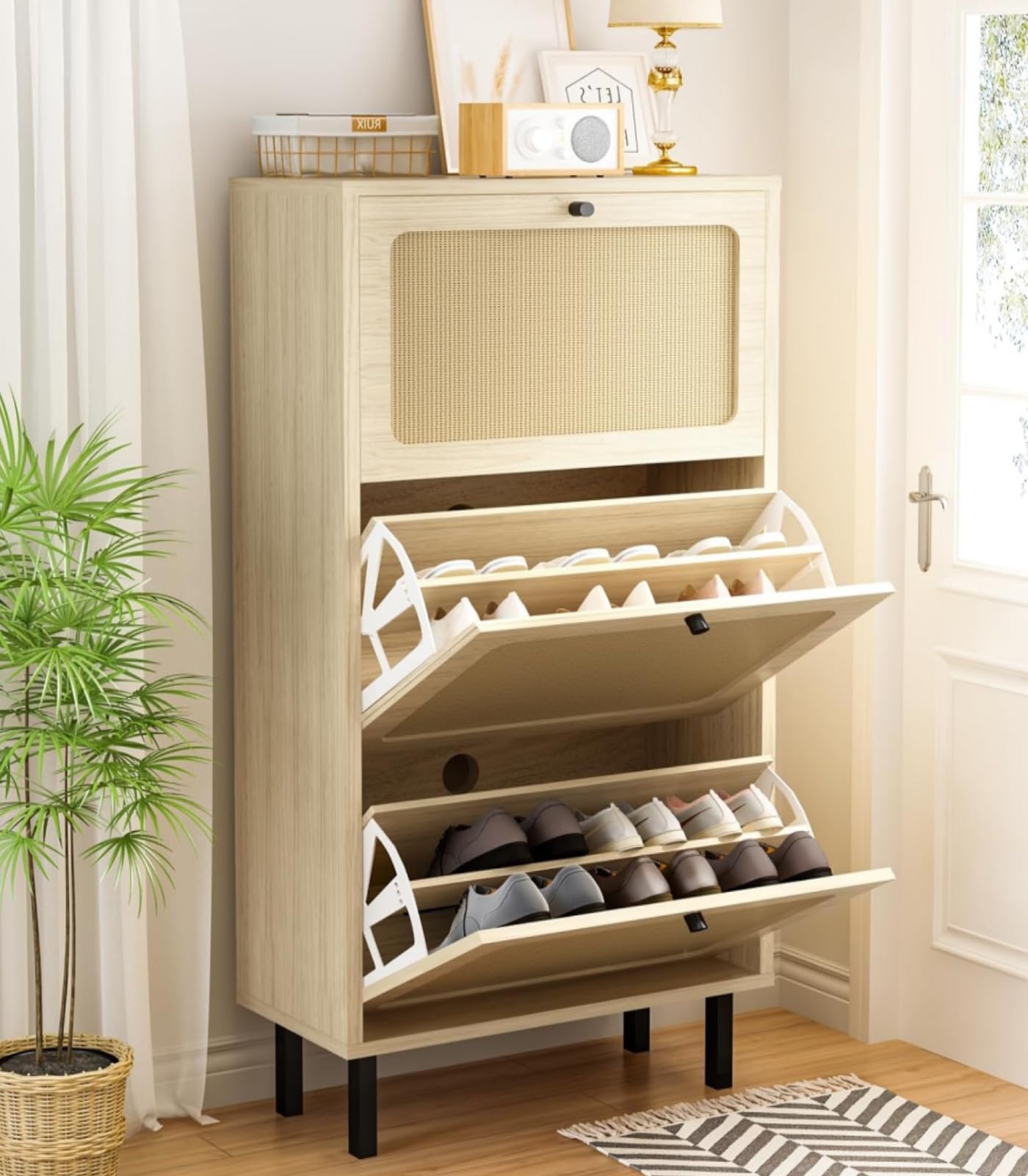 AWQM Freestanding shoe cabinet with 3 rattan flip-up drawers