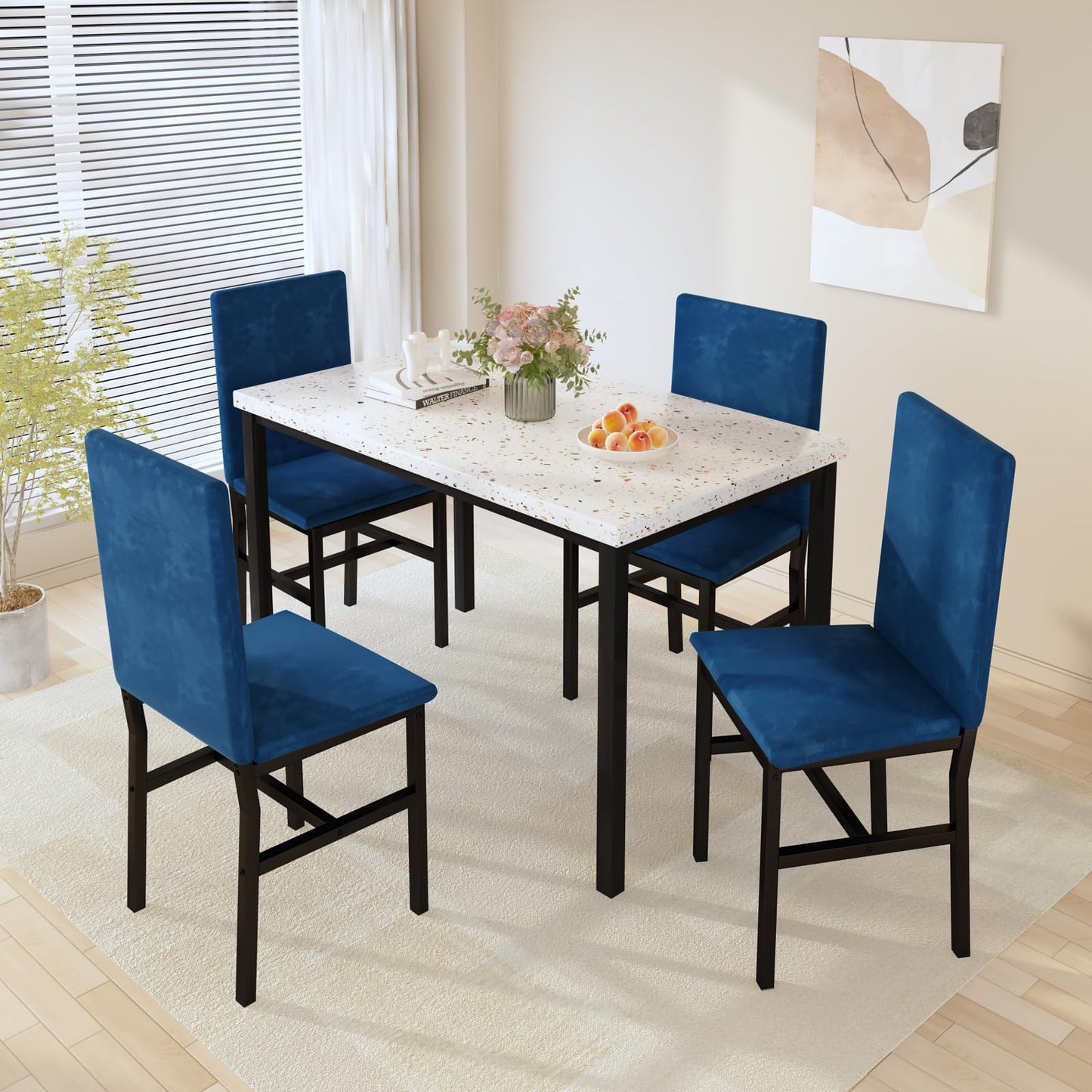 AWQM Modern Style Faux Marble Velvet Chairs Dining Table for 4