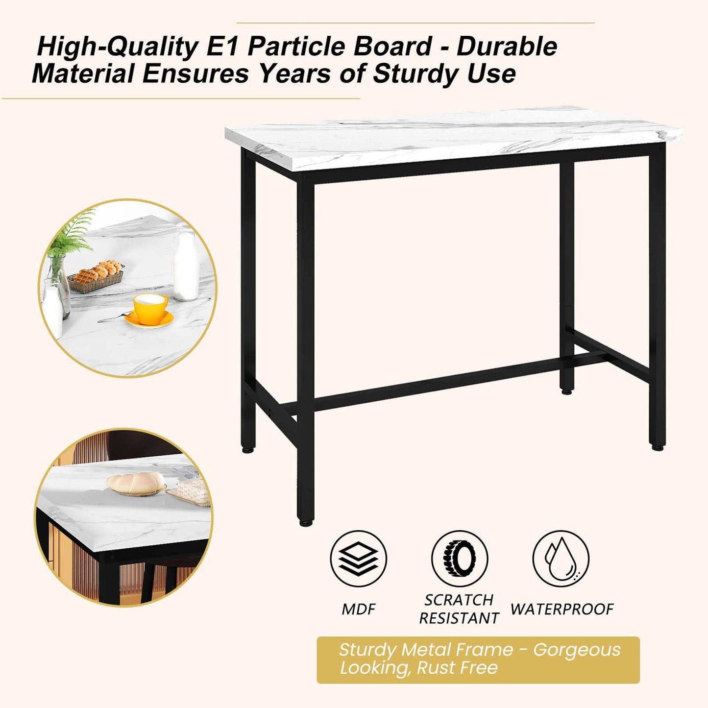 AWQM, 47-Inch Rectangular Kitchen Marble Table and Chair Set with PU Leather Stools