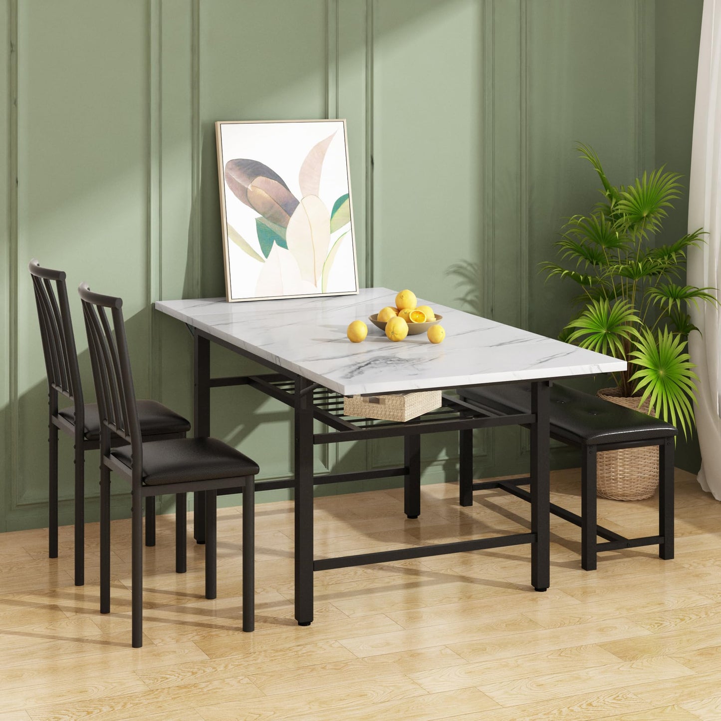 AWQM Industrial Wood 4-Piece Faux Wood Folding Leaf Dining Table Set with Storage Rack
