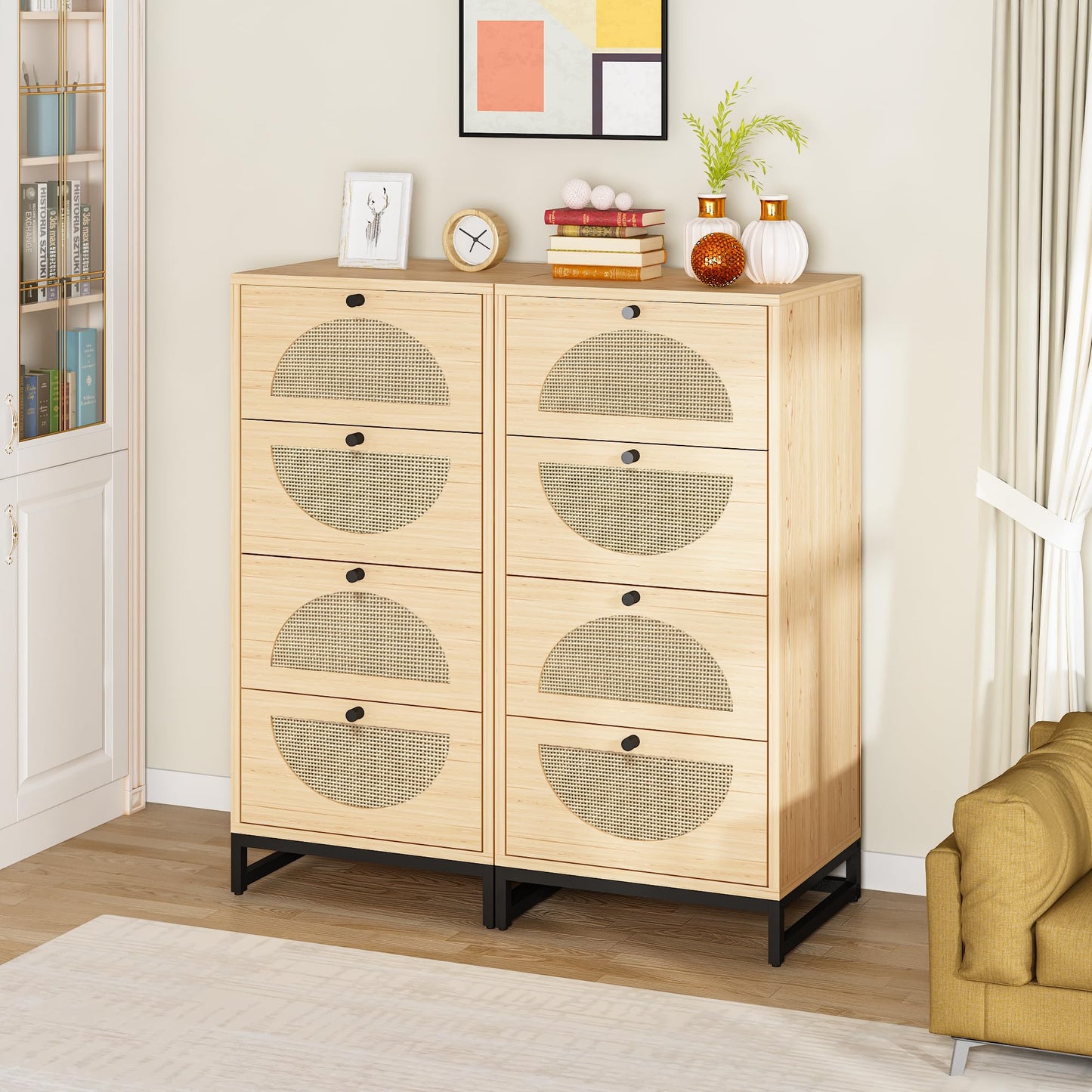 AWQM Rattan Chest, 4 Drawer Dresser, Tall Wooden Nightstand with Metal Base