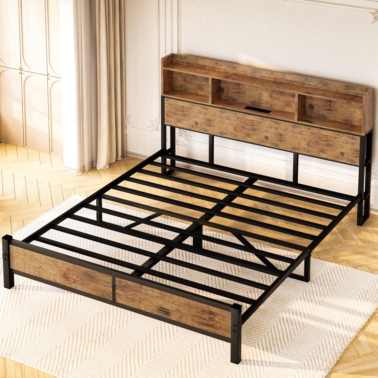 AWQM Industrial Solid Wood Queen Size Bed Frame with Charger
