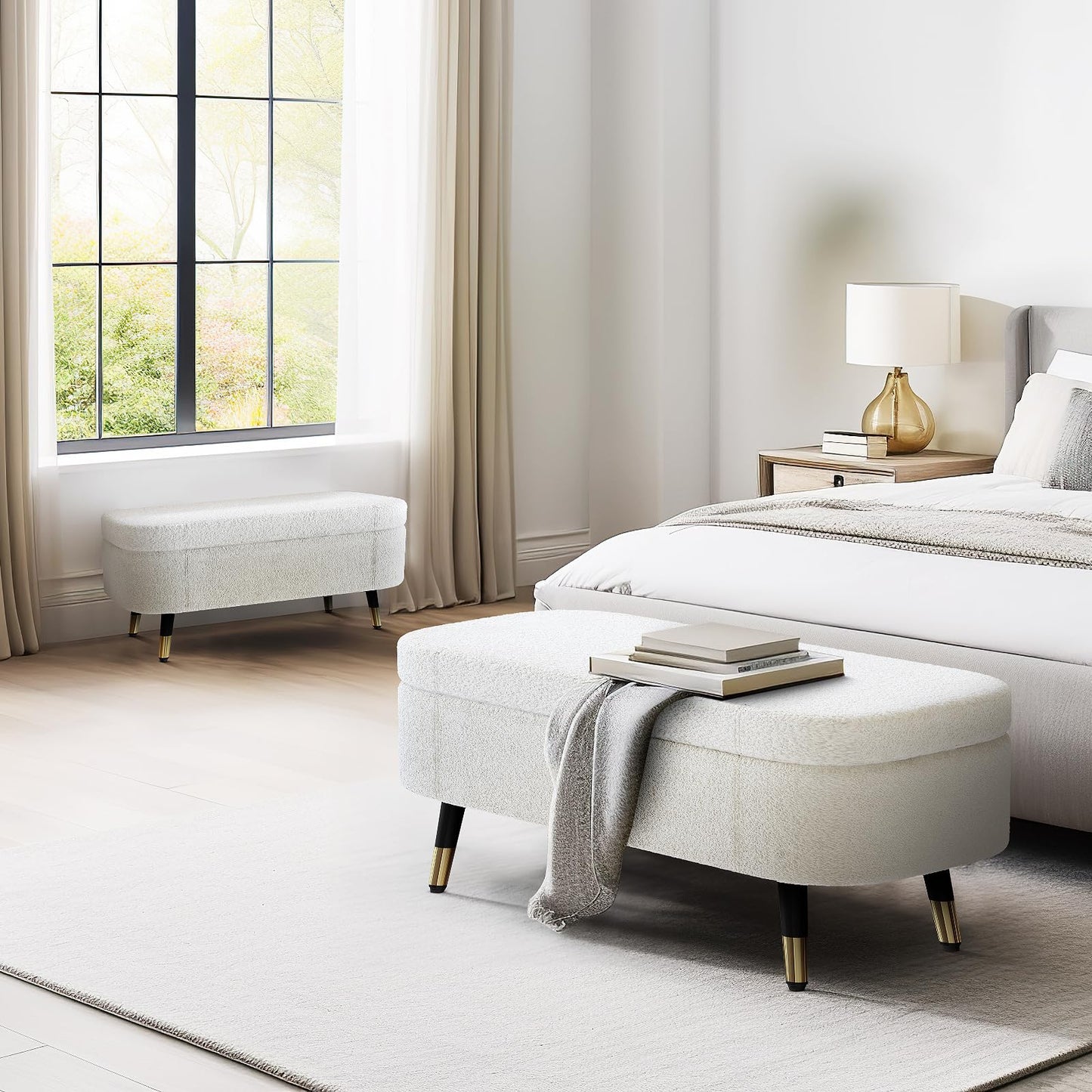 AWQM Upholstered Storage Ottoman Metal Feet Faux Leather Entryway