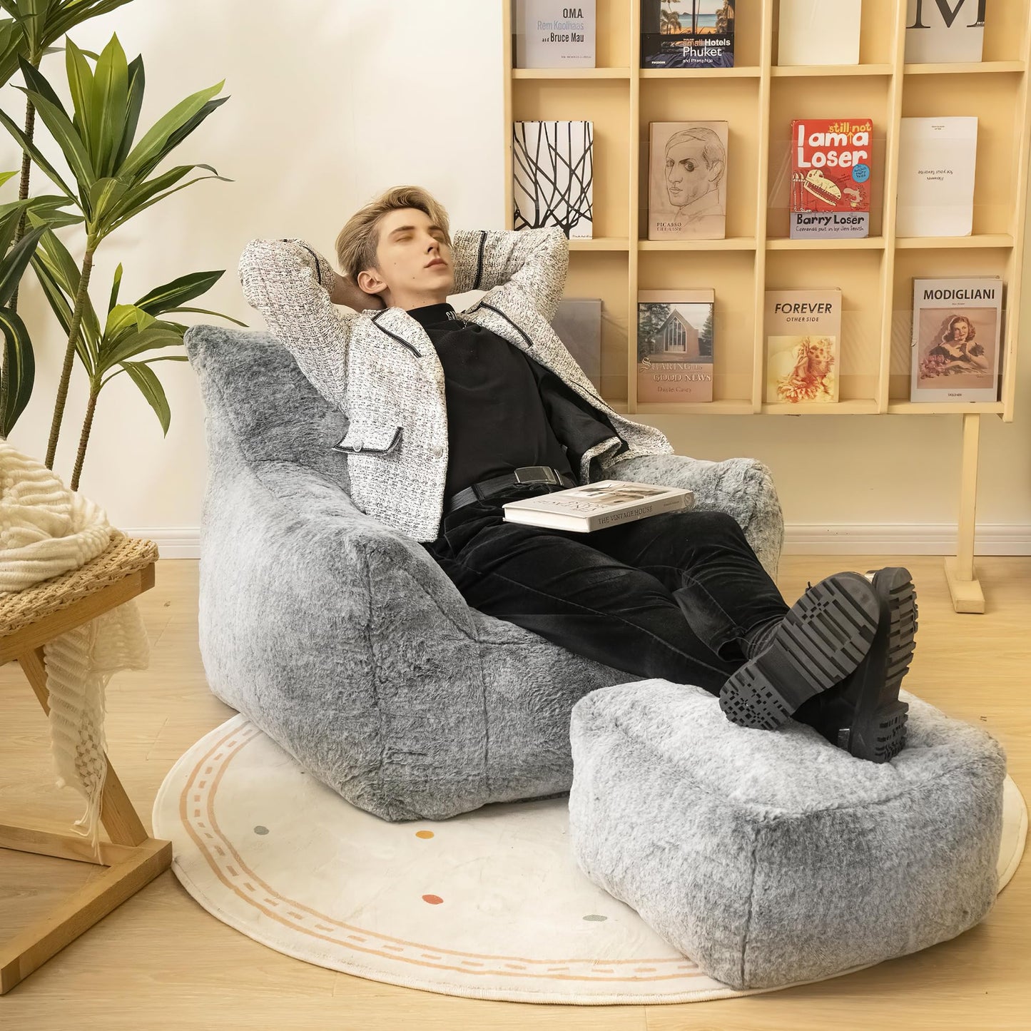 AWQM Bean Bag Chair with Footstool, Bean Bag Chair with Padded Arms