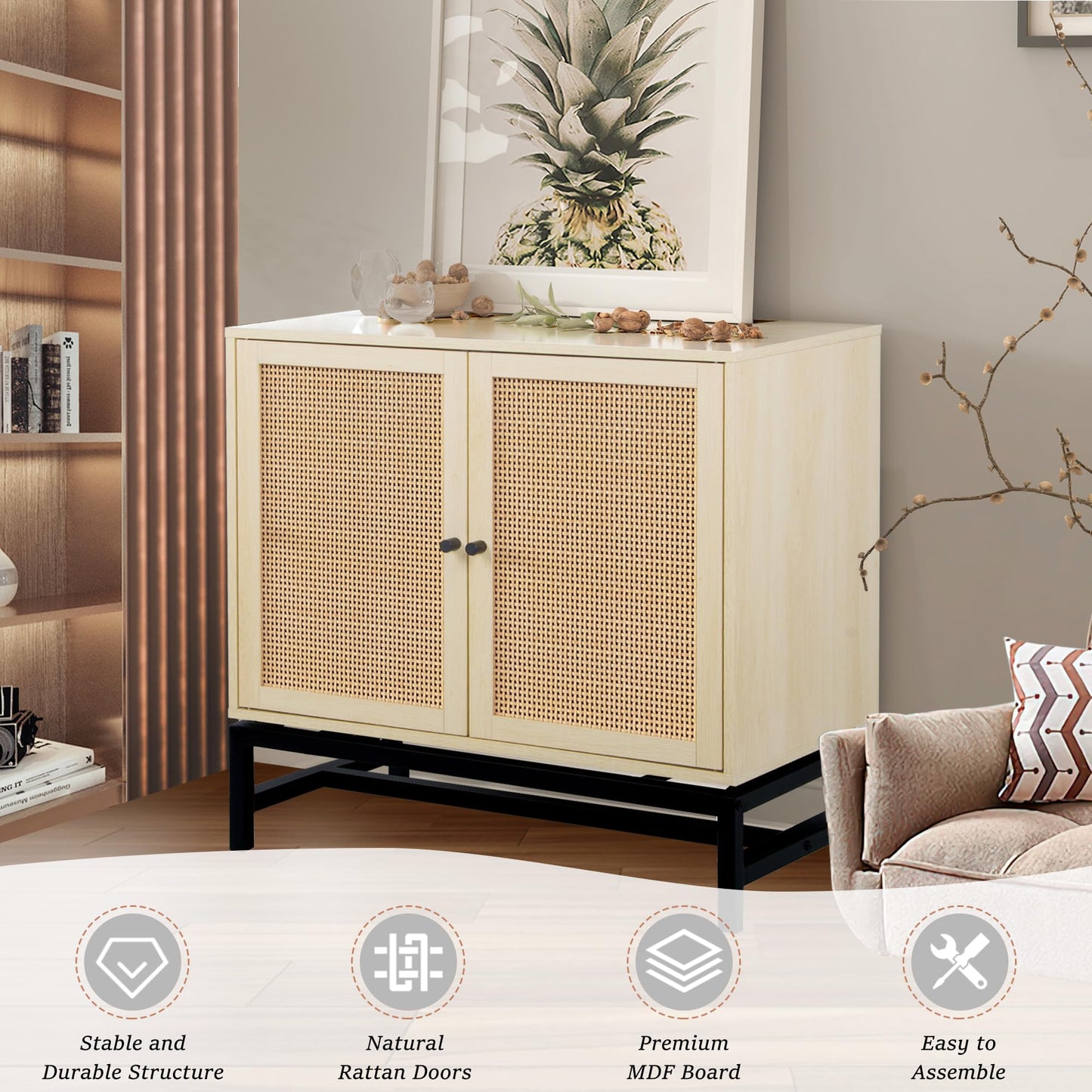AWQM Storage Sideboard Natural Rattan Door Storage Cabinet (Set of 2)