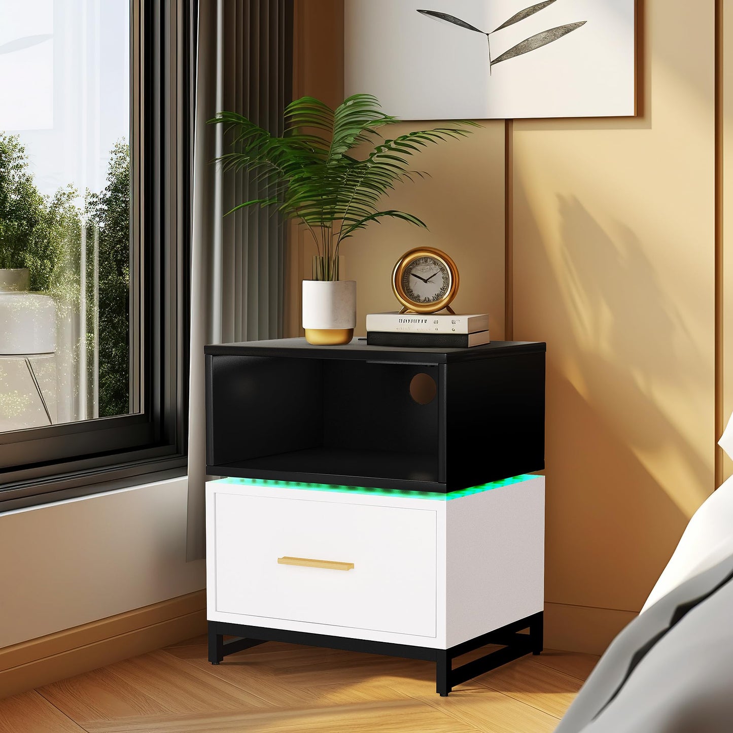 AWQM Nightstand with Charging Post, Modern 7 Color LED Nightstand