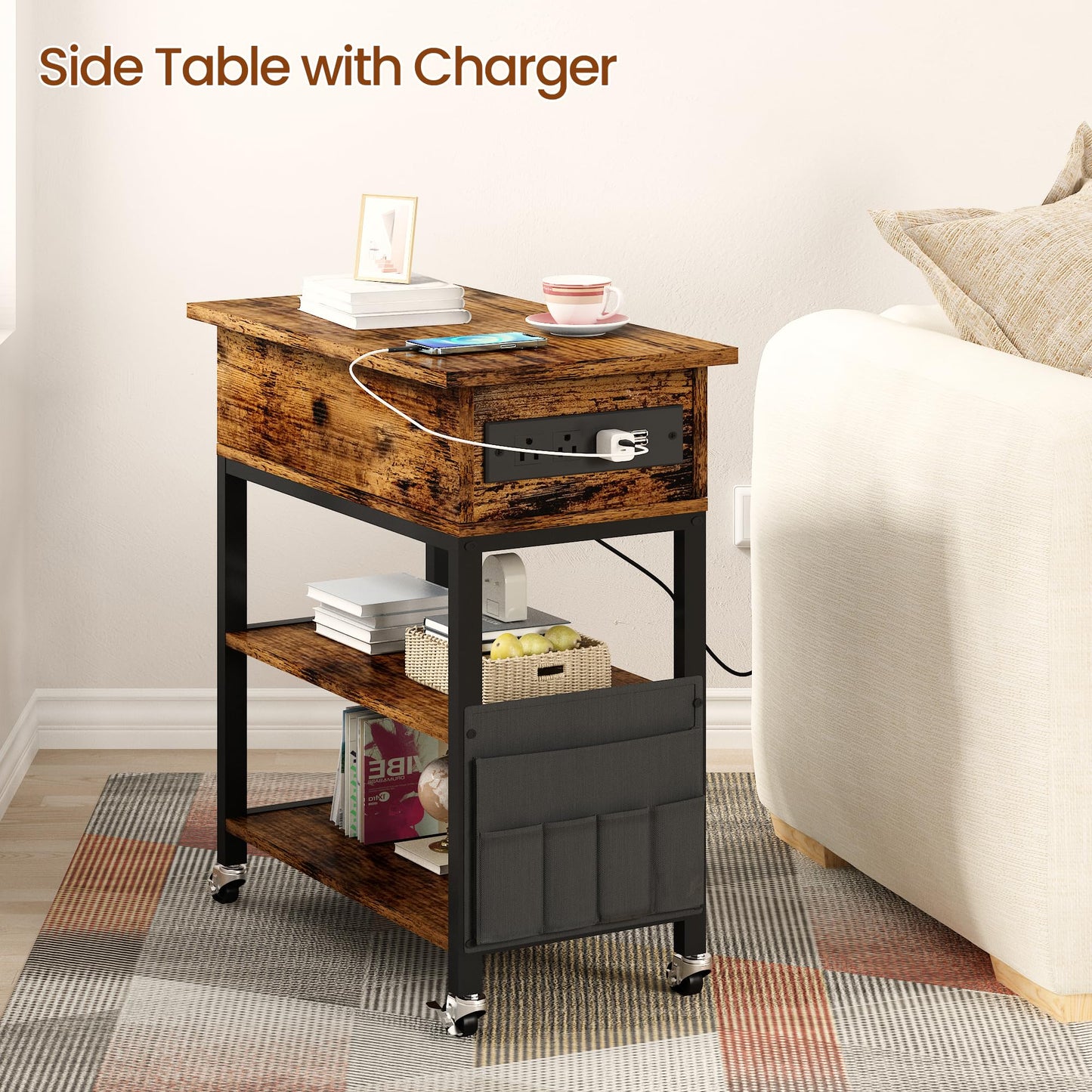 AWQM  Side table with charging column 2 PCS Flip-top side table
