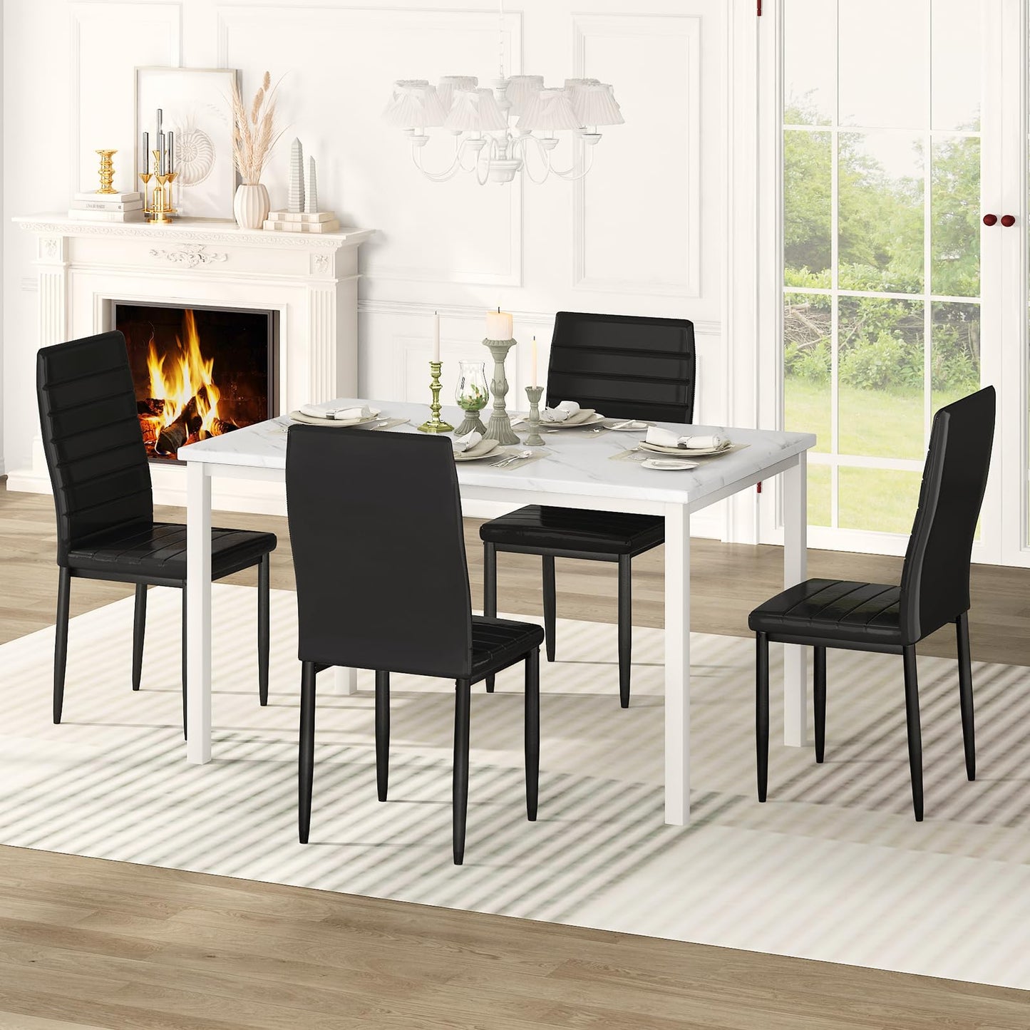 AWQM 5 Piece Set, Faux Marble 4 Person Dining Table and Chairs