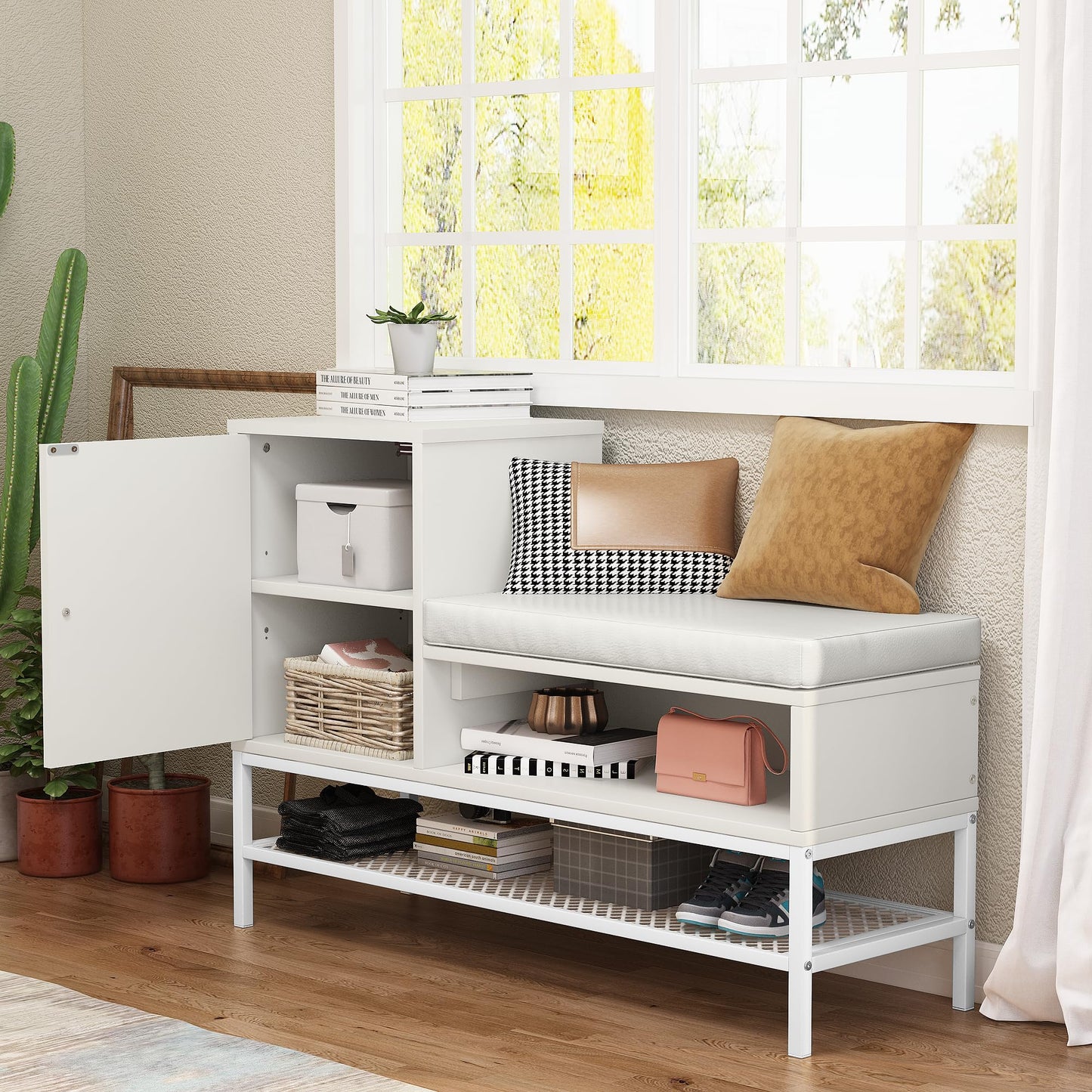 AWQM Modern Shoe Stool with Removable Upholstery and Cabinet Entryway Stool