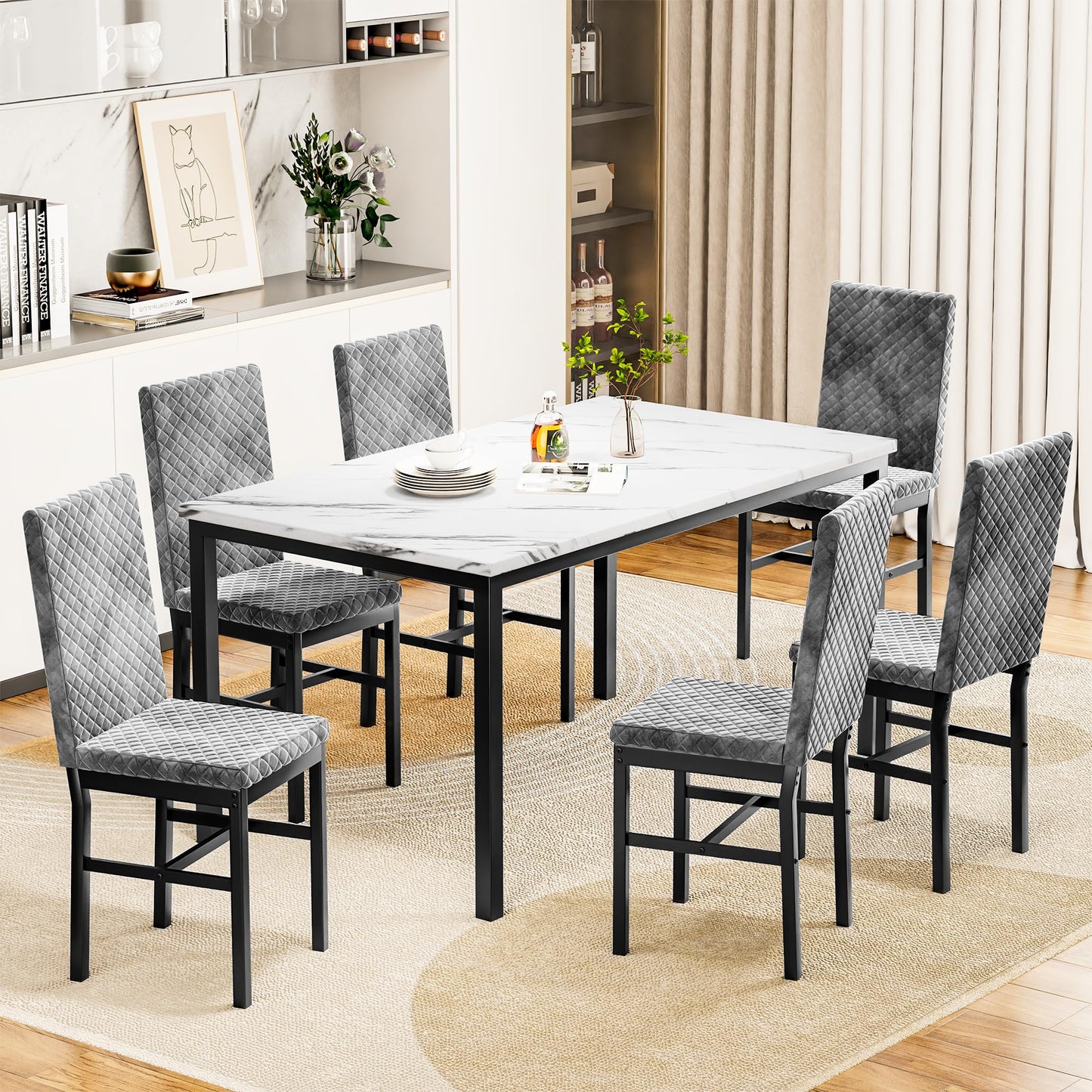 AWQM Modern Marble Kitchen Dining Table and Chairs 6 Person Dining Velvet Stools