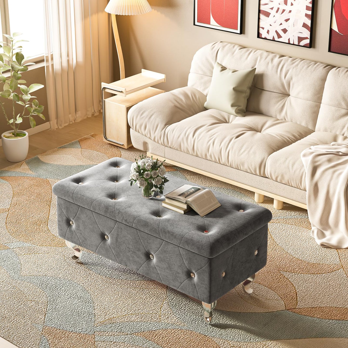 AWQM Upholstered Storage Bench, Safety Hinged Tufted Bed Bench
