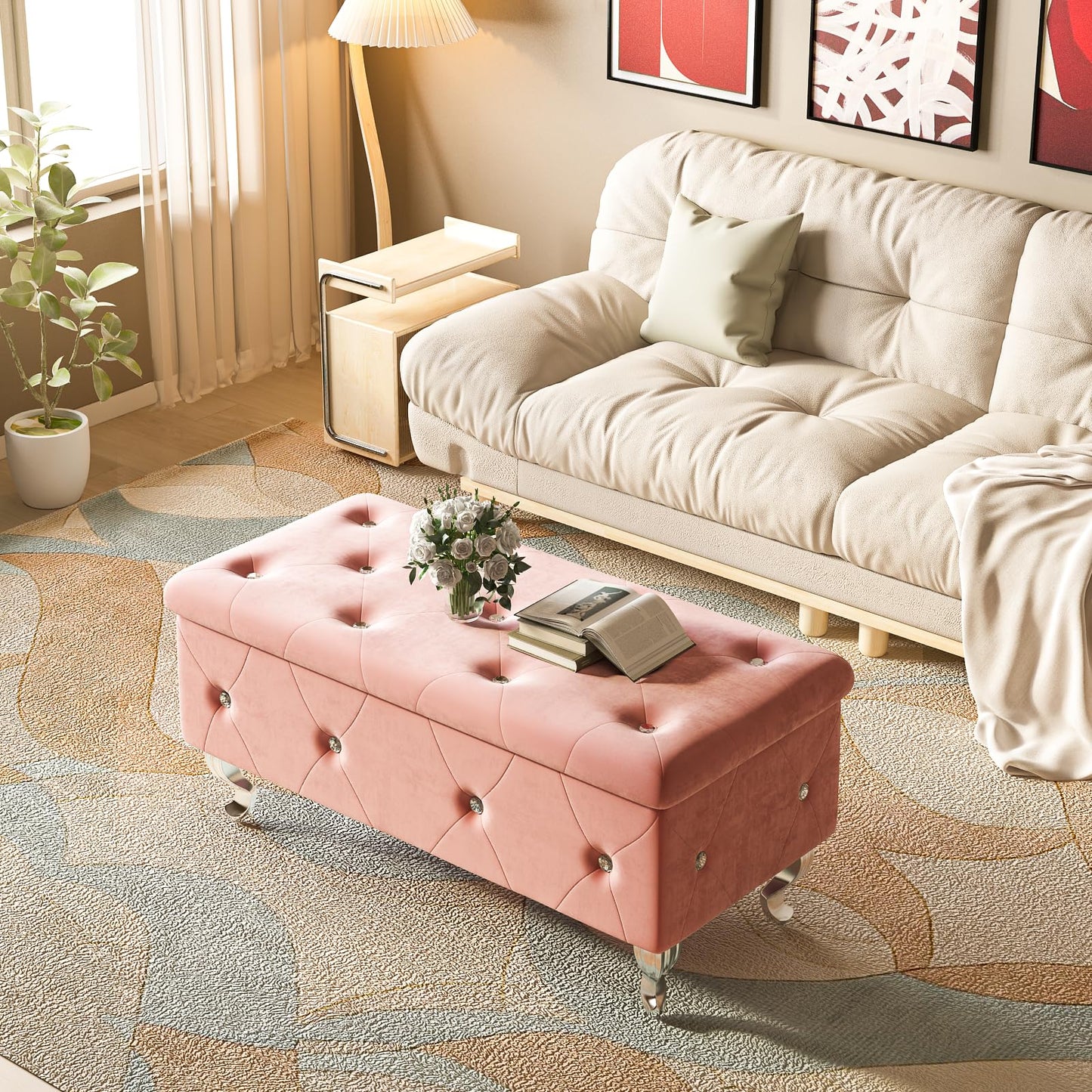 AWQM Upholstered Storage Bench, Safety Hinged Tufted Bed Bench