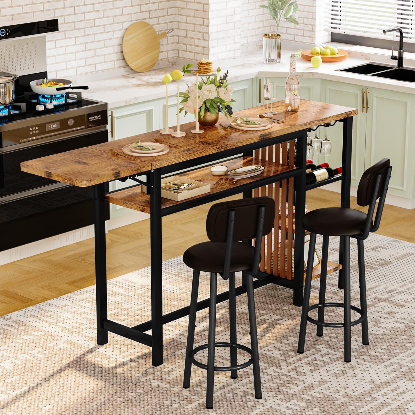 AWQM industrial wood bar table and chairs set, dining table for 2