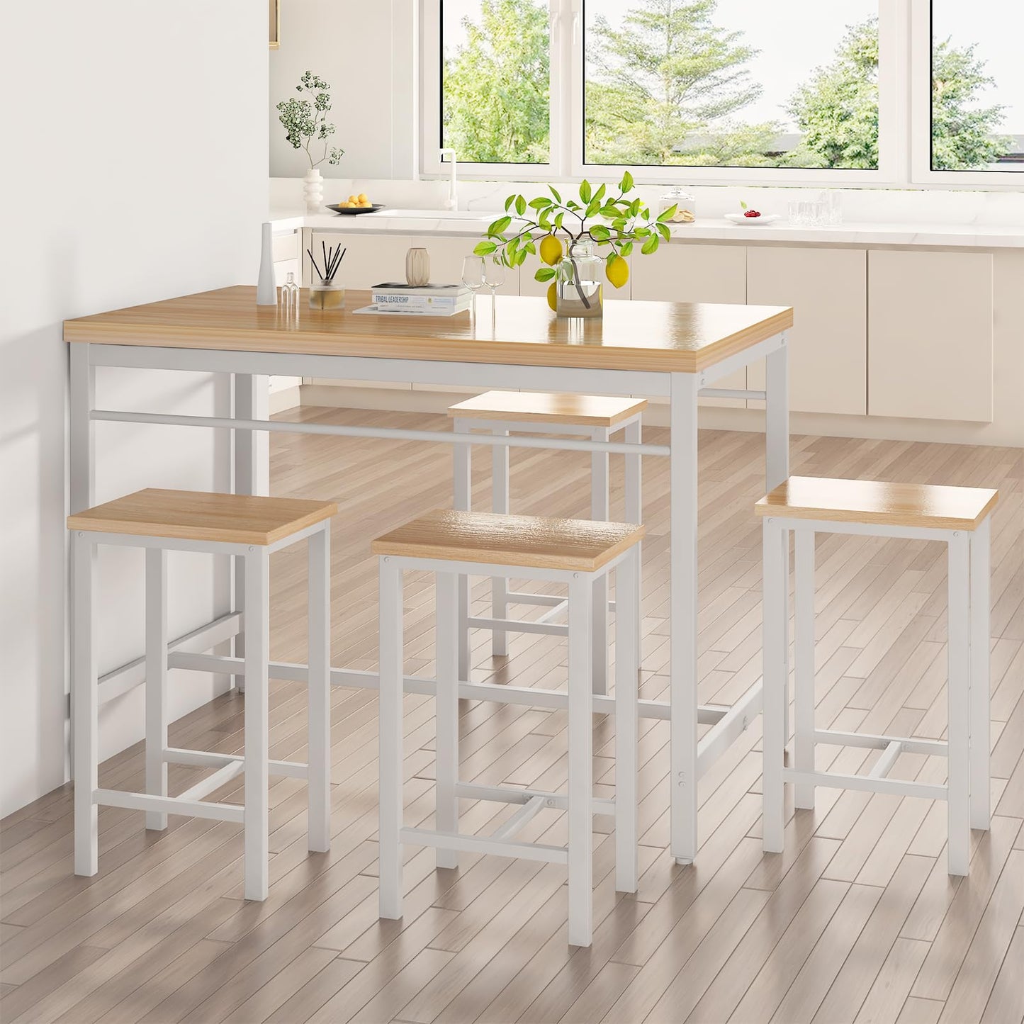 AWQM Industrial High Bar Table and Chair Set 5 Piece Dining Table for 4 Persons