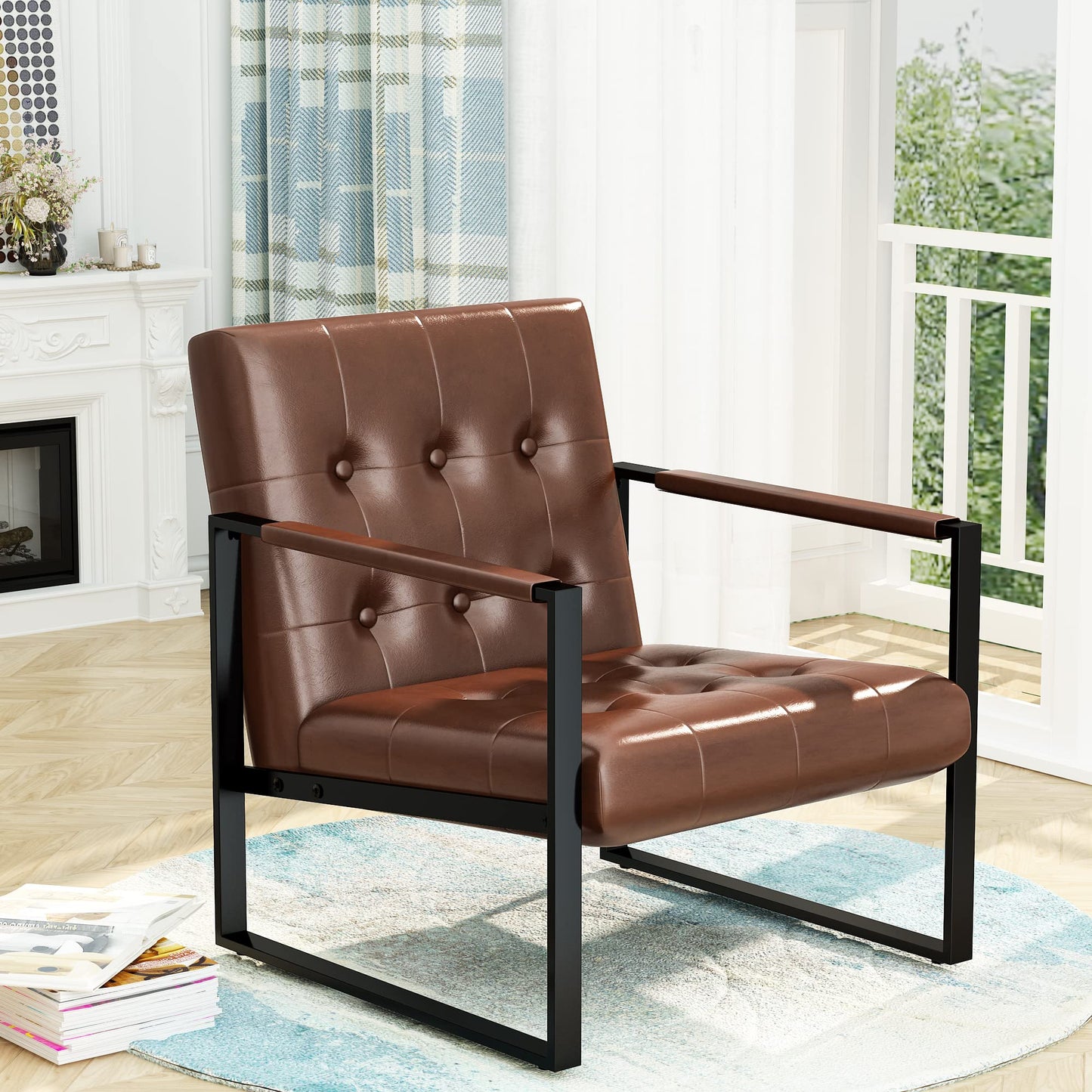 AWQM Mid-Century Armrest Tufted Faux Leather Upholstered Chair