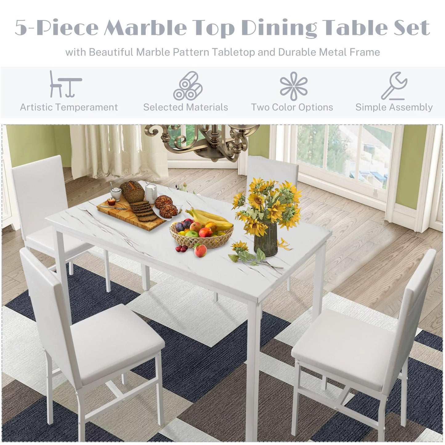 AWQM Modern Style Faux Marble Velvet Chairs Dining Table for 4