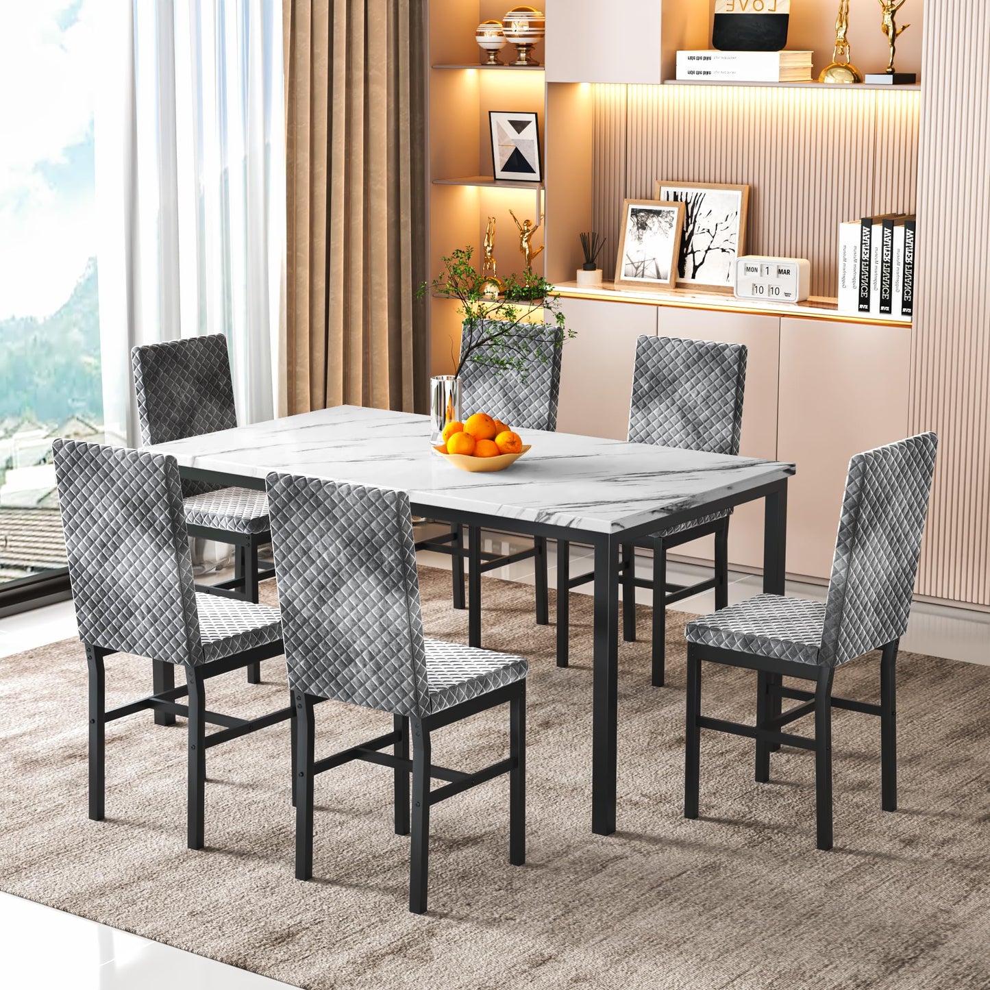 AWQM Modern Marble Kitchen Dining Table and Chairs 6 Person Dining Velvet Stools
