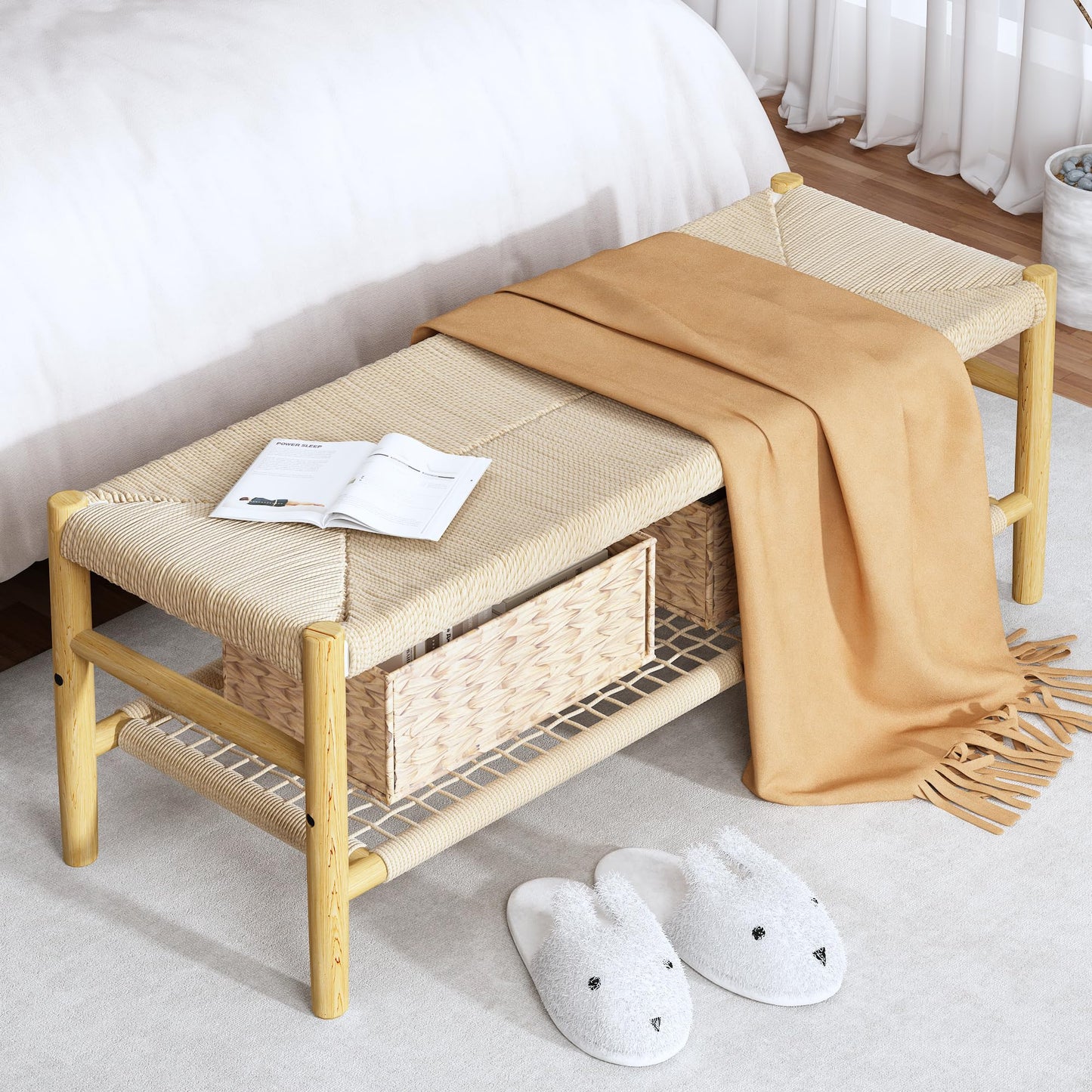 AWQM Entryway Storage Bench with Net Shelf and 2 Baskets