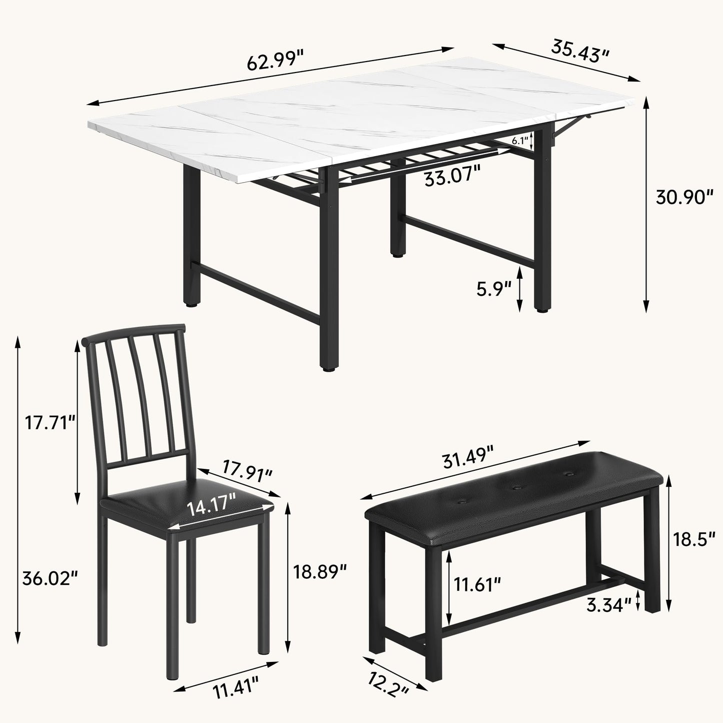 AWQM Industrial Wood 4-Piece Faux Wood Folding Leaf Dining Table Set with Storage Rack