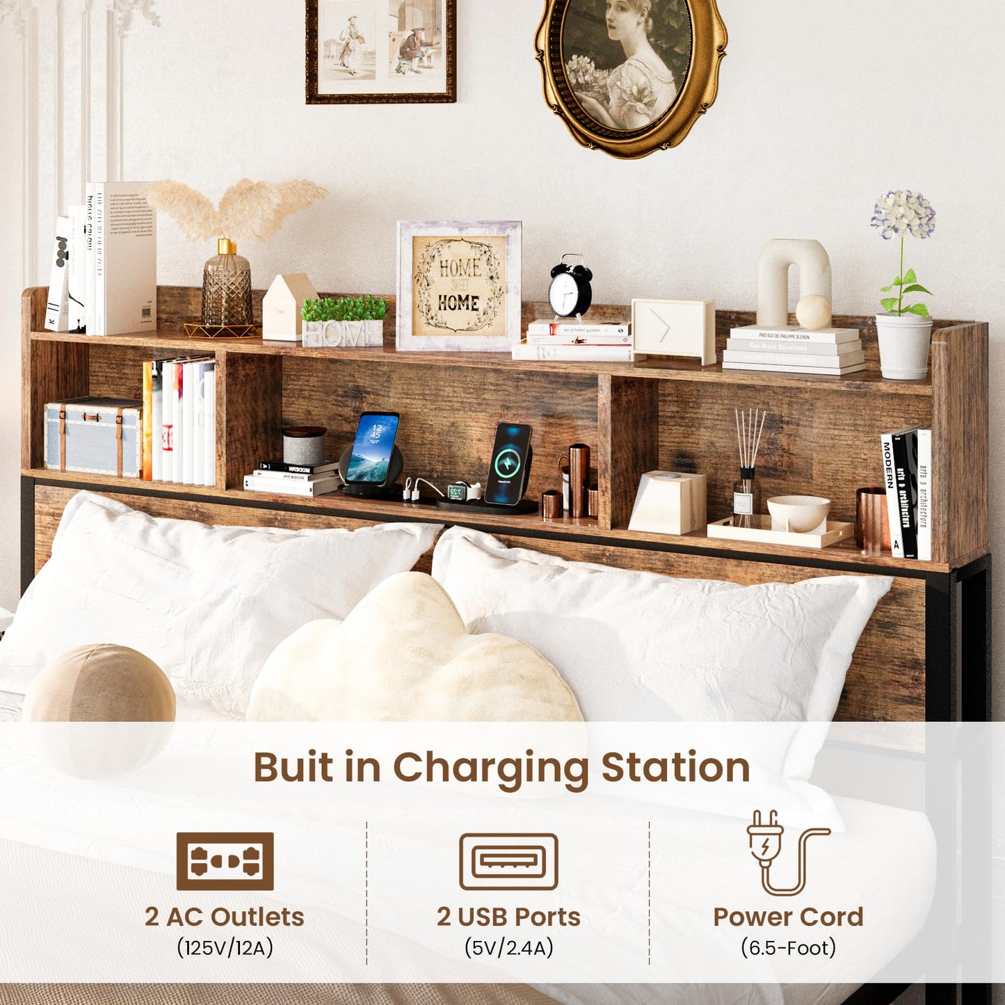 AWQM Industrial Solid Wood Queen Size Bed Frame with Charger