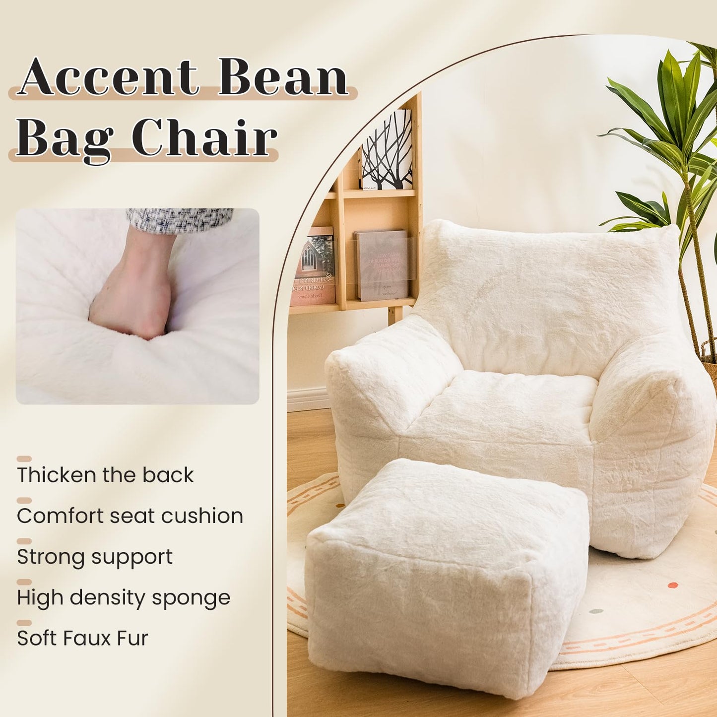 AWQM Bean Bag Chair with Footstool, Bean Bag Chair with Padded Arms