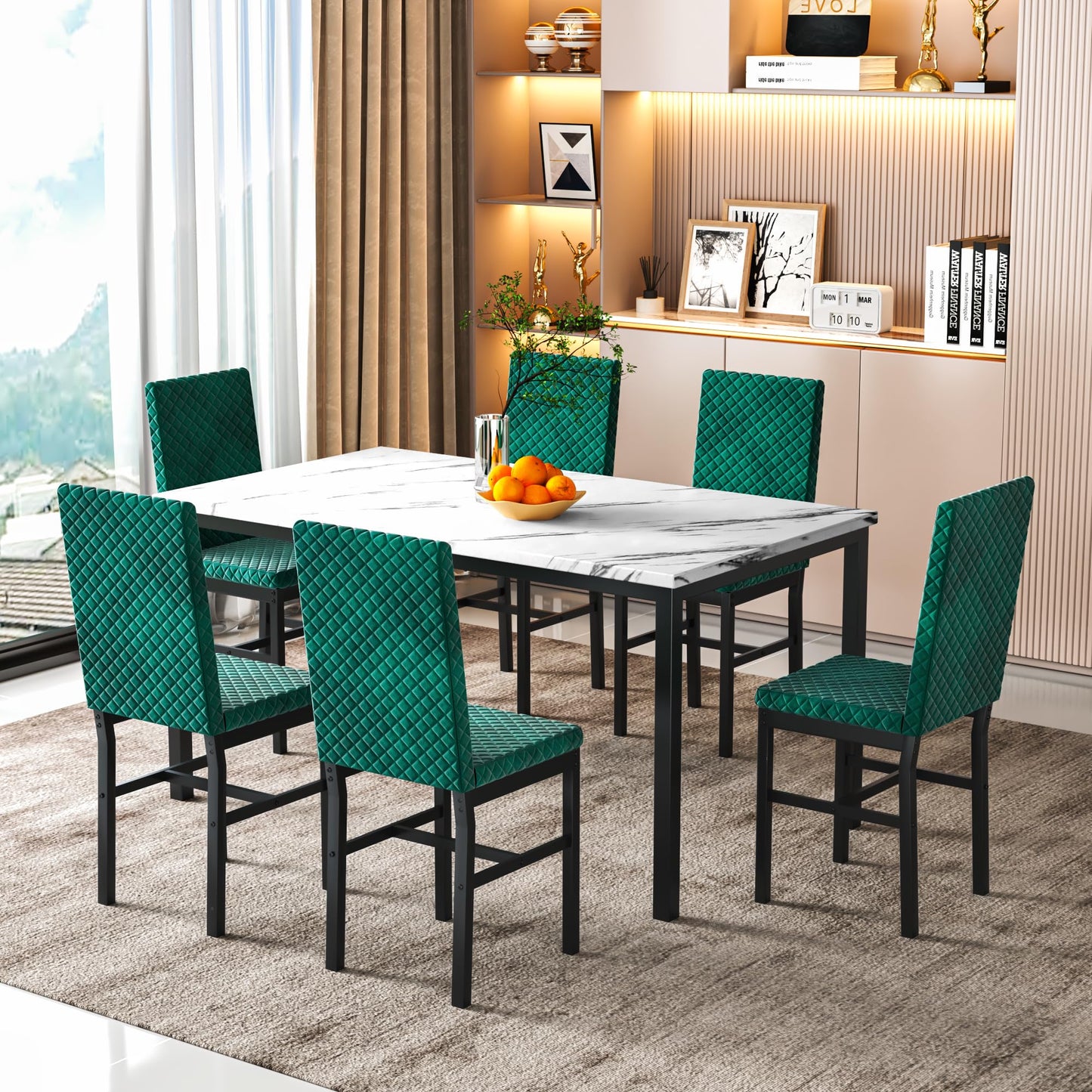 AWQM Modern Marble Kitchen Dining Table and Chairs 6 Person Dining Velvet Stools
