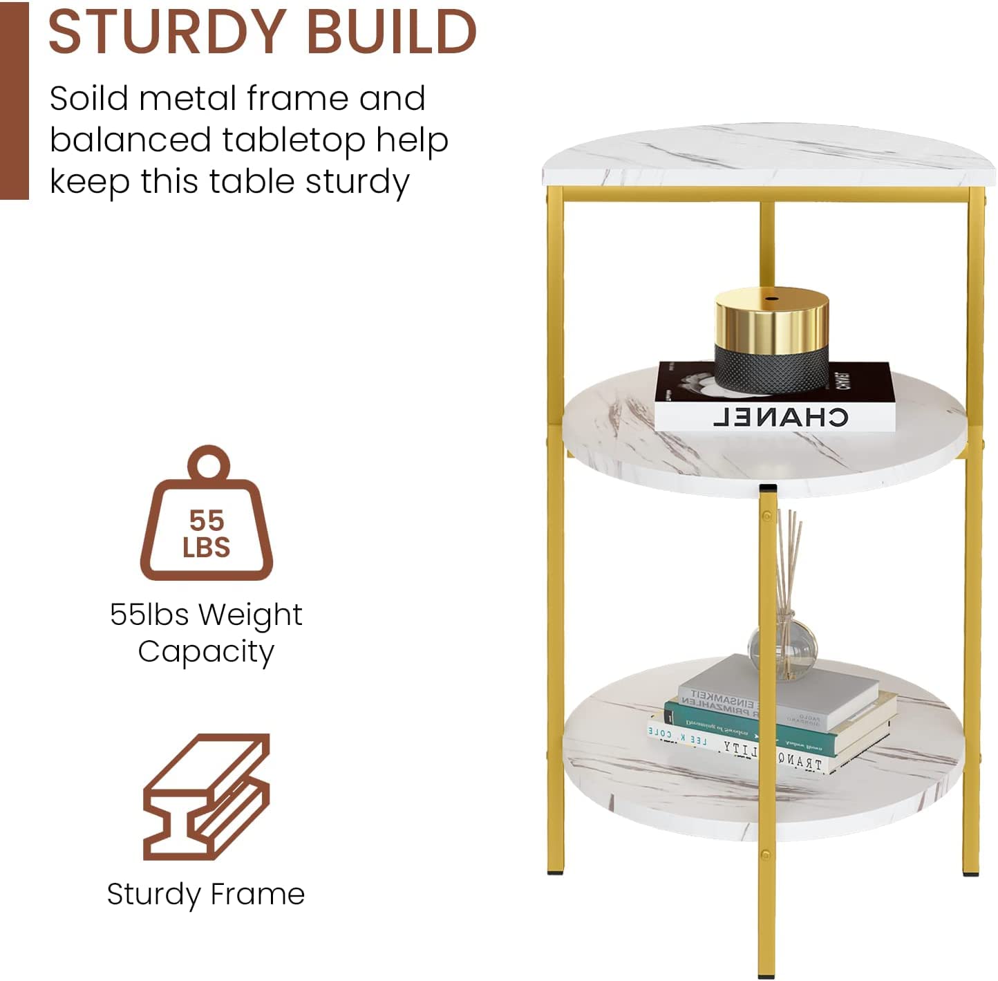 AWQM White and gold side table, 3-tier faux marble side table, small round coffee table with metal frame