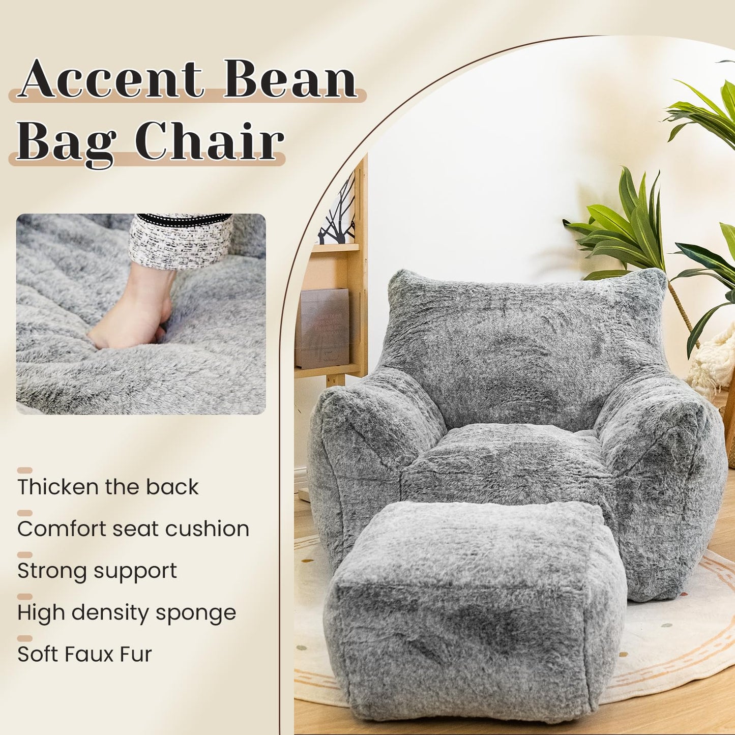 AWQM Bean Bag Chair with Footstool, Bean Bag Chair with Padded Arms
