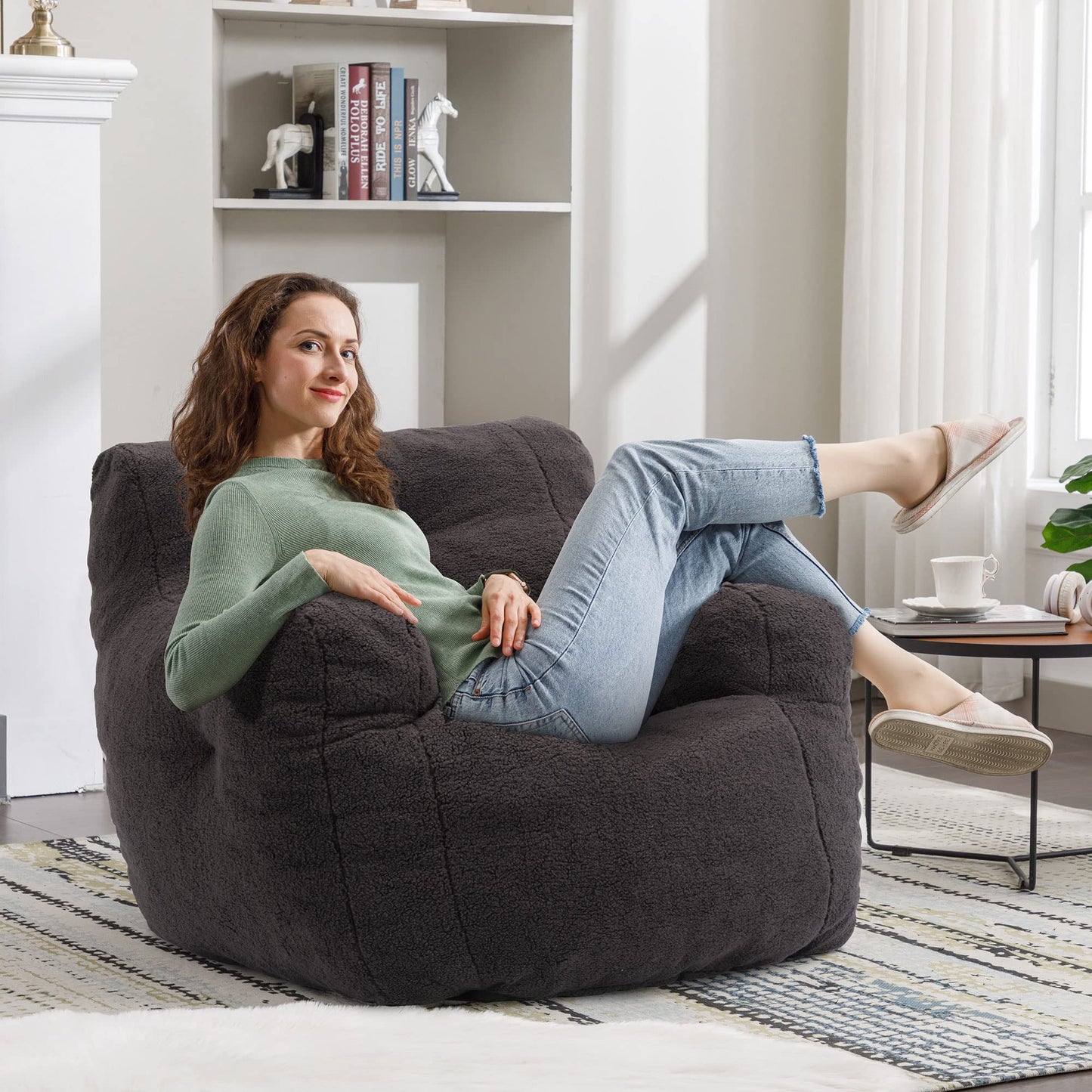 AWQM Fluffy Lazyboy Bean Bag Chair Padded Tufted Upholstered Bean Bag Chair