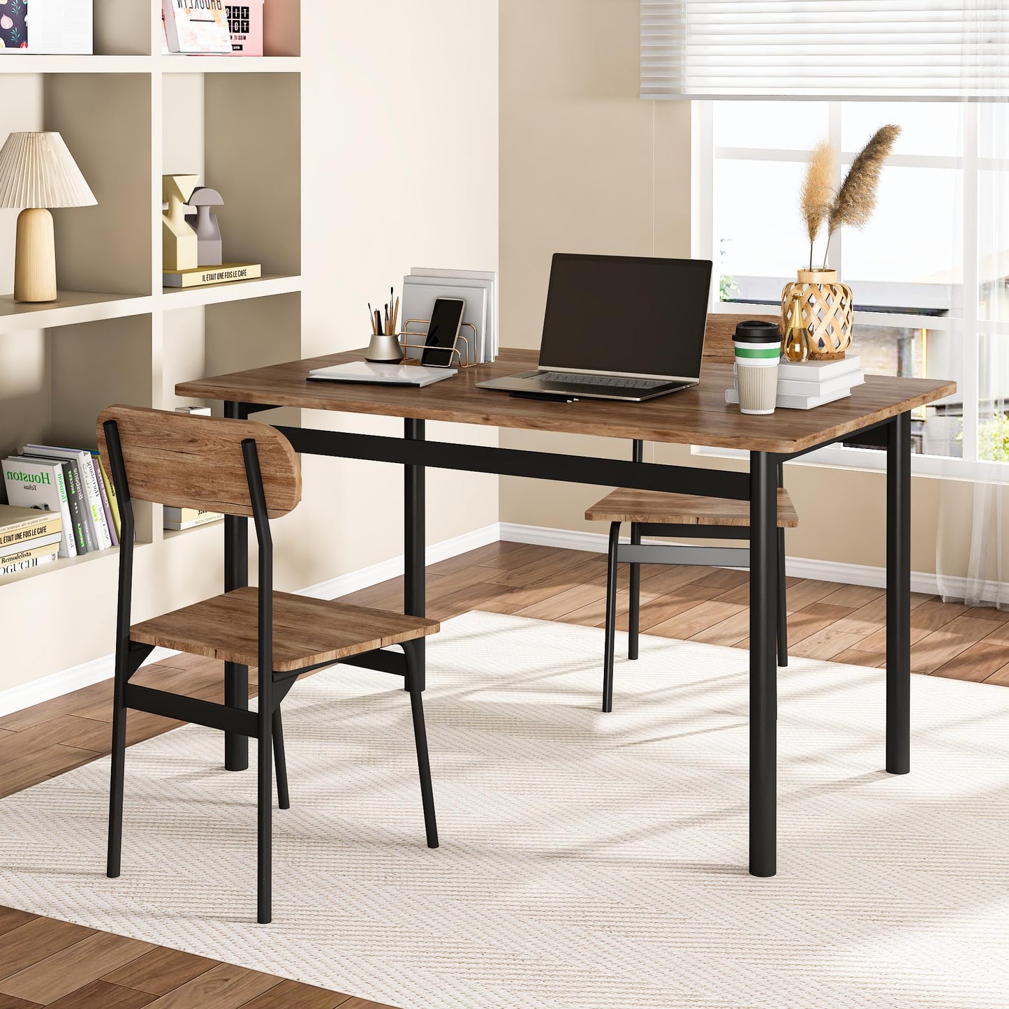 AWQM Industrial Wood Metal Dining Table Set 4 Person Dining Table