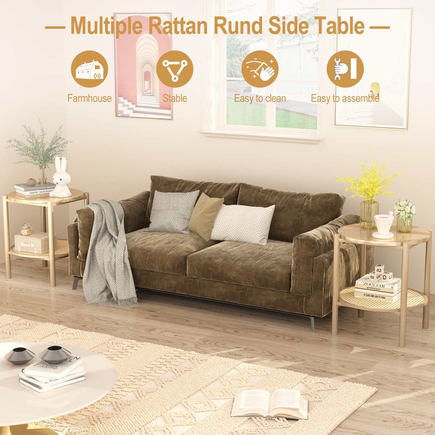 AWQM 2-tier round coffee table, rattan bedside table small bedside table